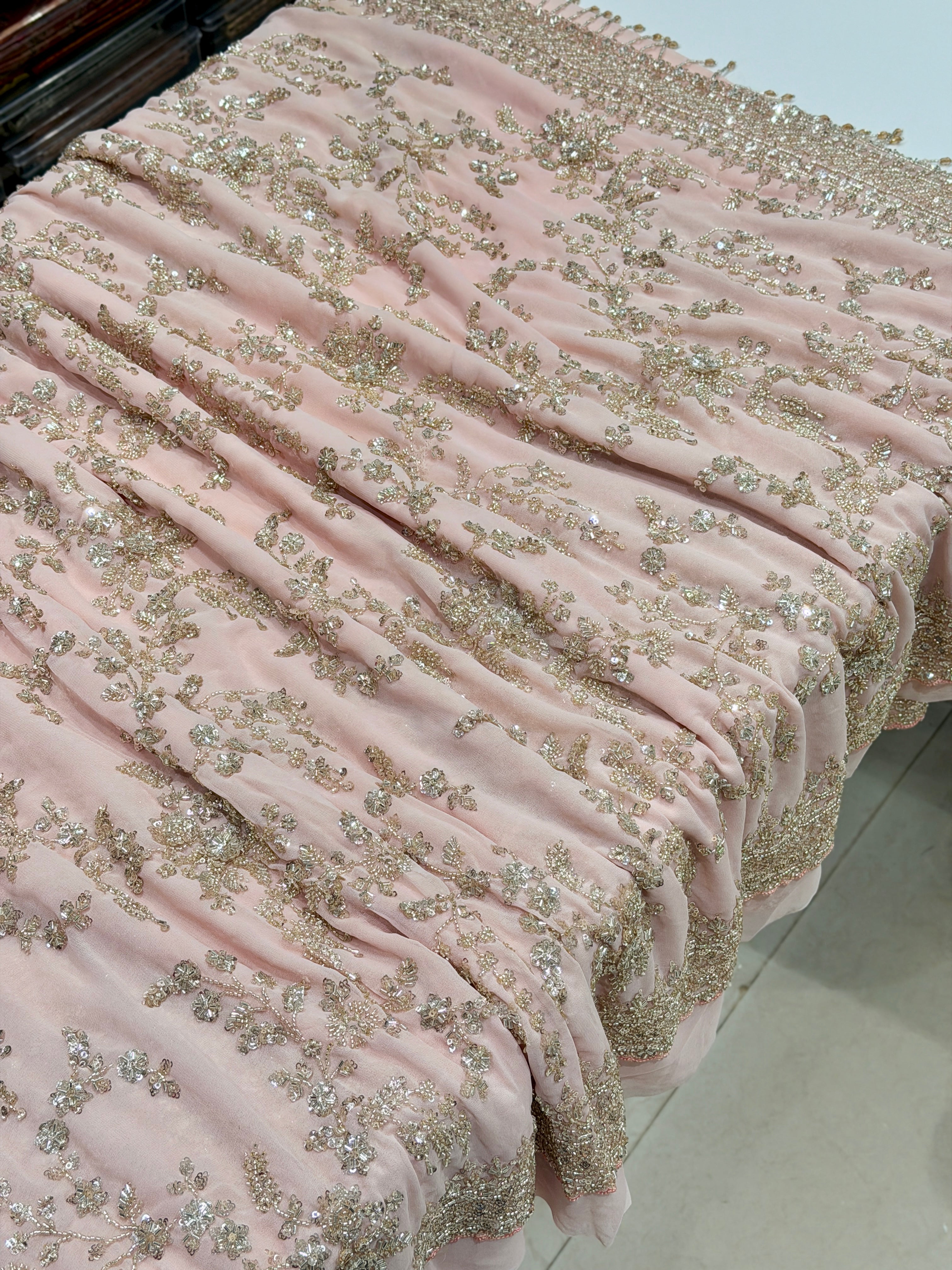 Baby Pink Manish Malhotra Inspired Georgette Moti Sequin Jaal Saree