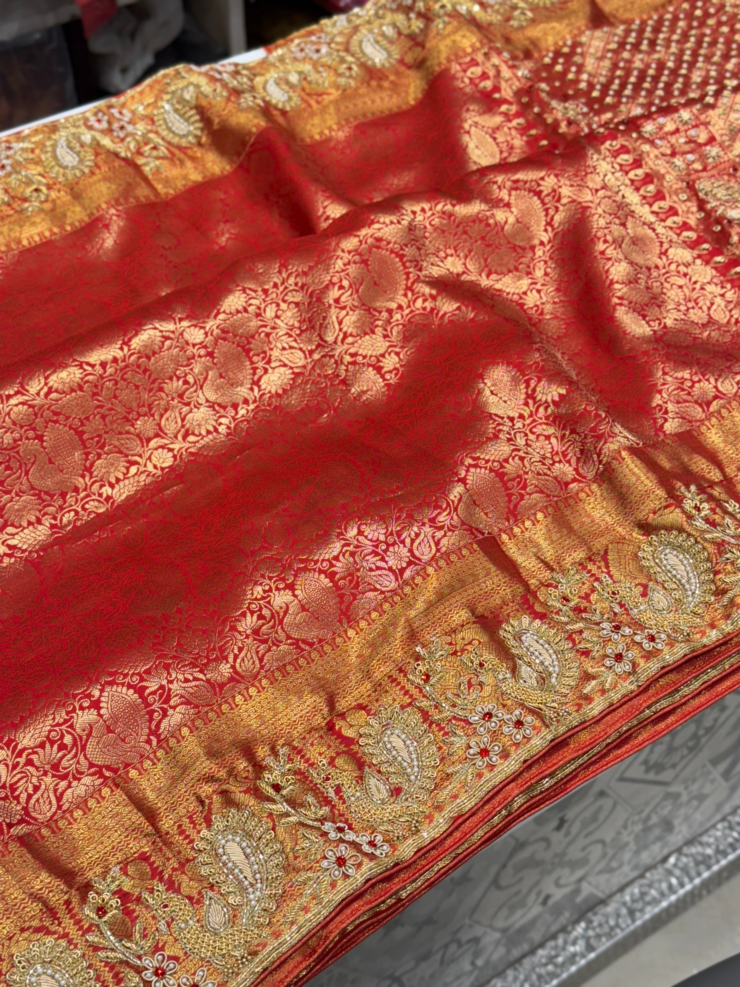 Red Kanjivaram Peacock Motif Zardozi Hand Embroidery Saree