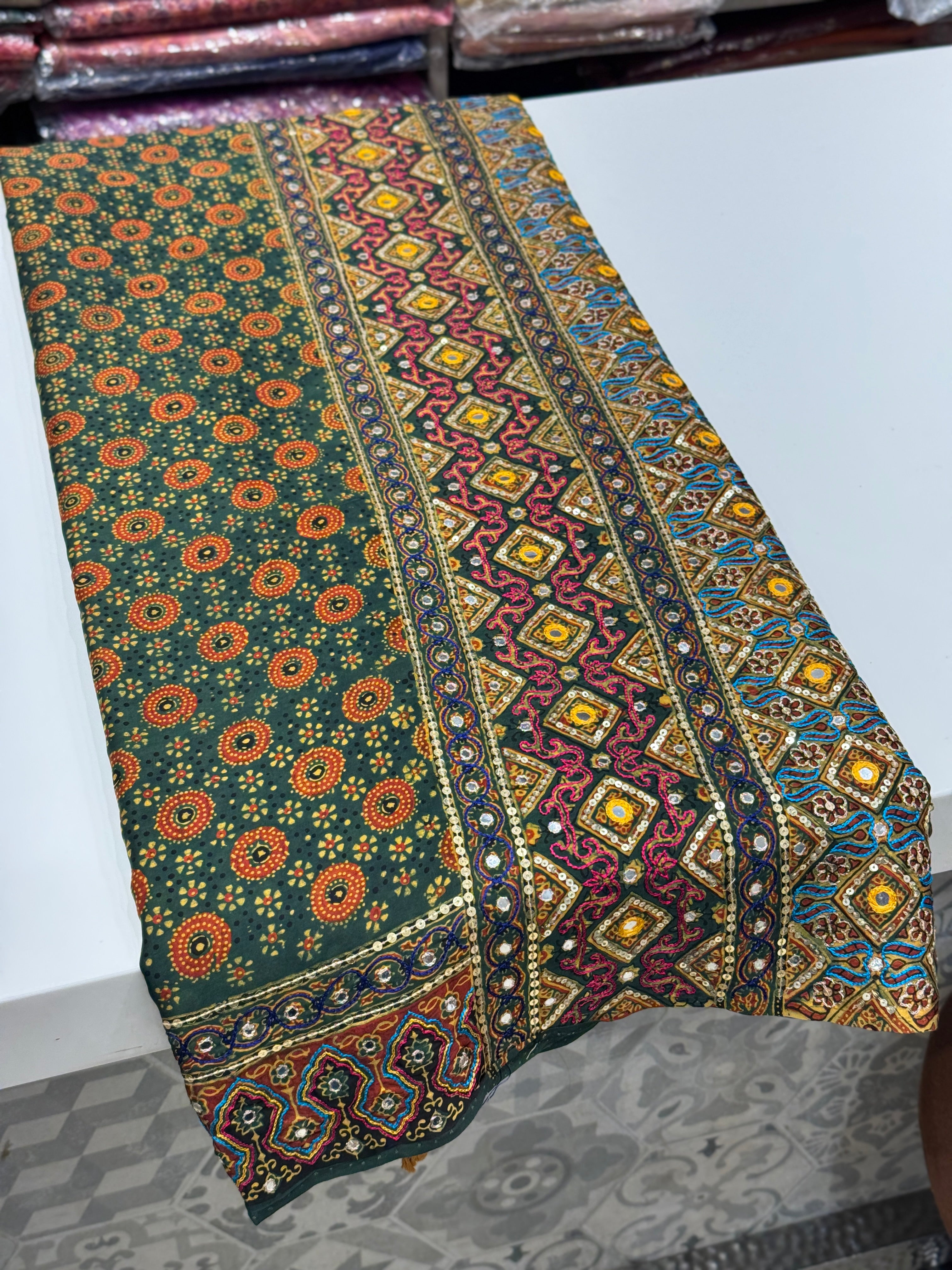 Green Kutchi Hand Embroidery Ajrakh Saree