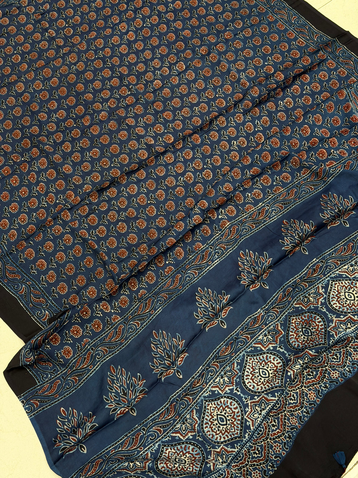 Blue Buttis Ajrakh Hand Block Print Pure Gajji Silk Dupatta