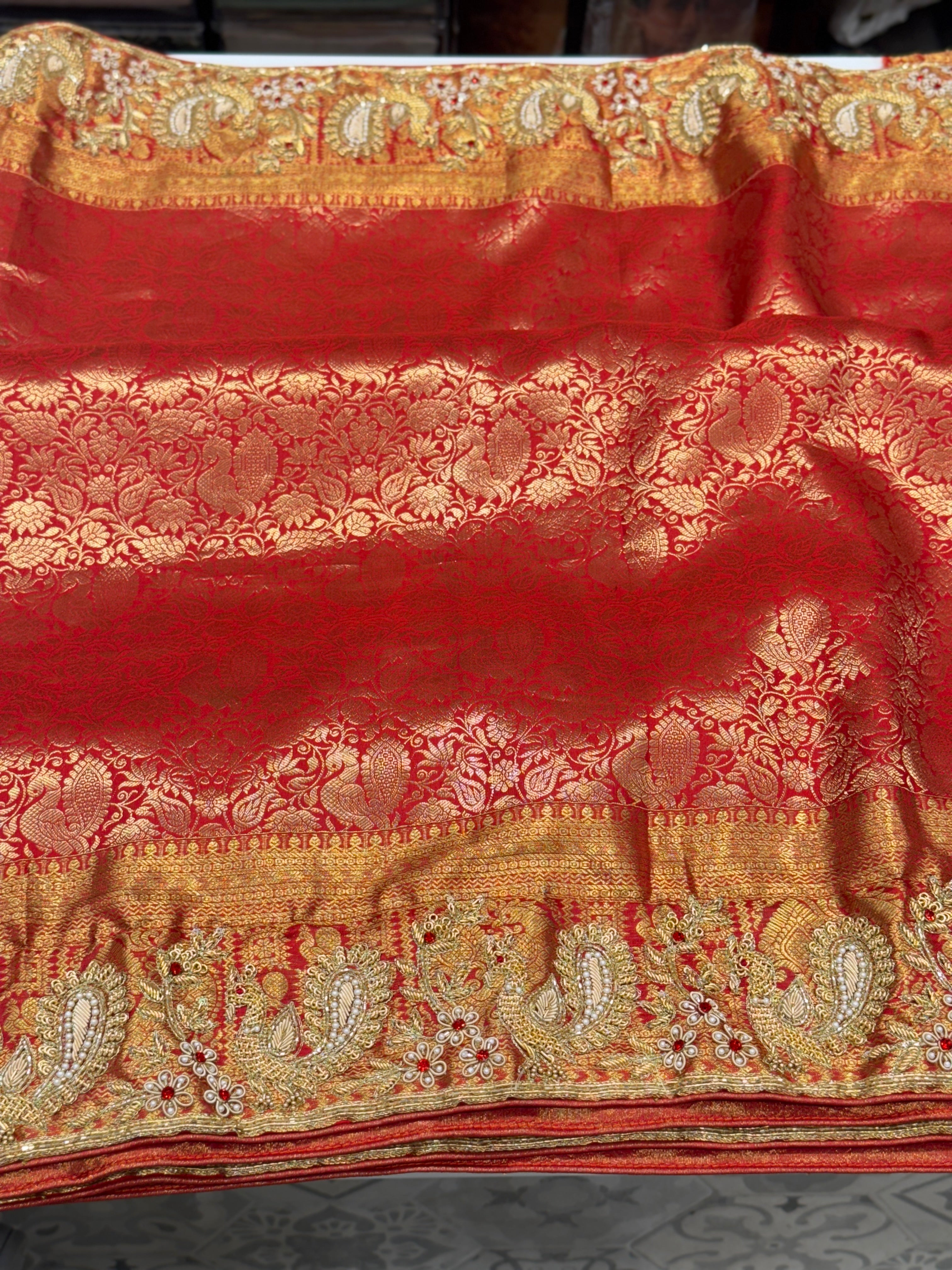 Red Kanjivaram Peacock Motif Zardozi Hand Embroidery Saree