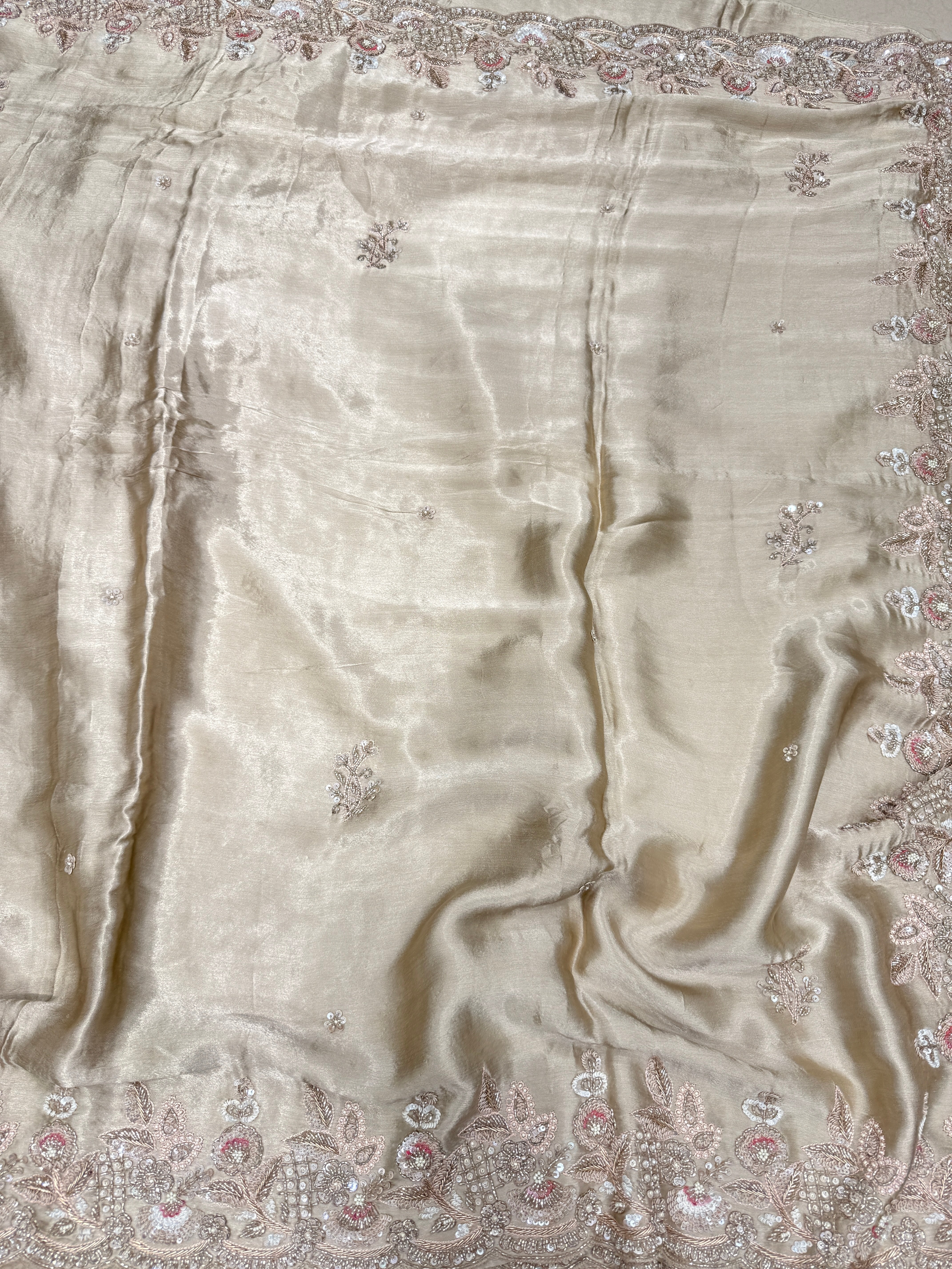 Champagne Satin Hand Embroidery Zardosi Saree