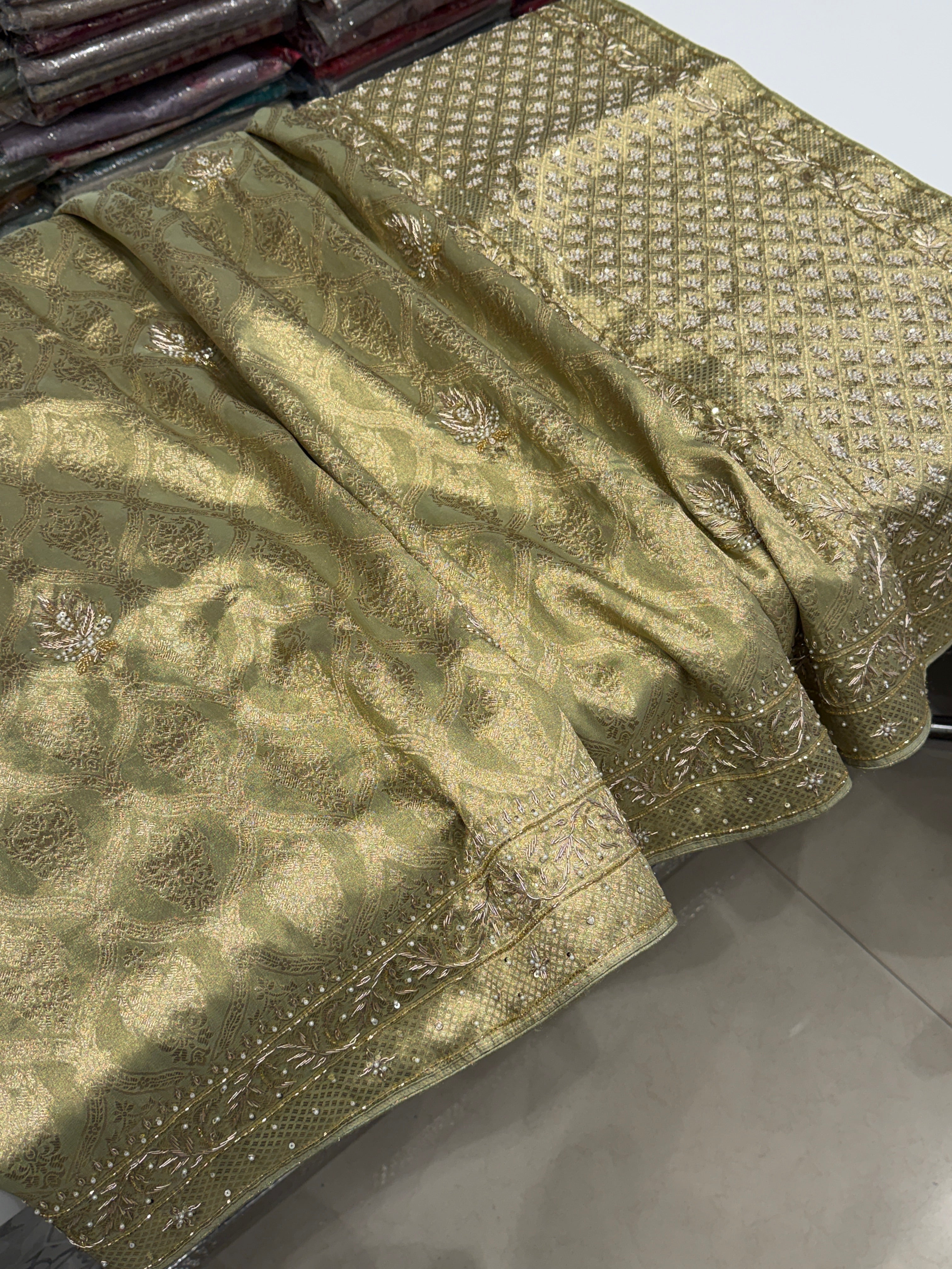 Pista Green Crown Jaal Banarasi Zardosi Embroidery Saree