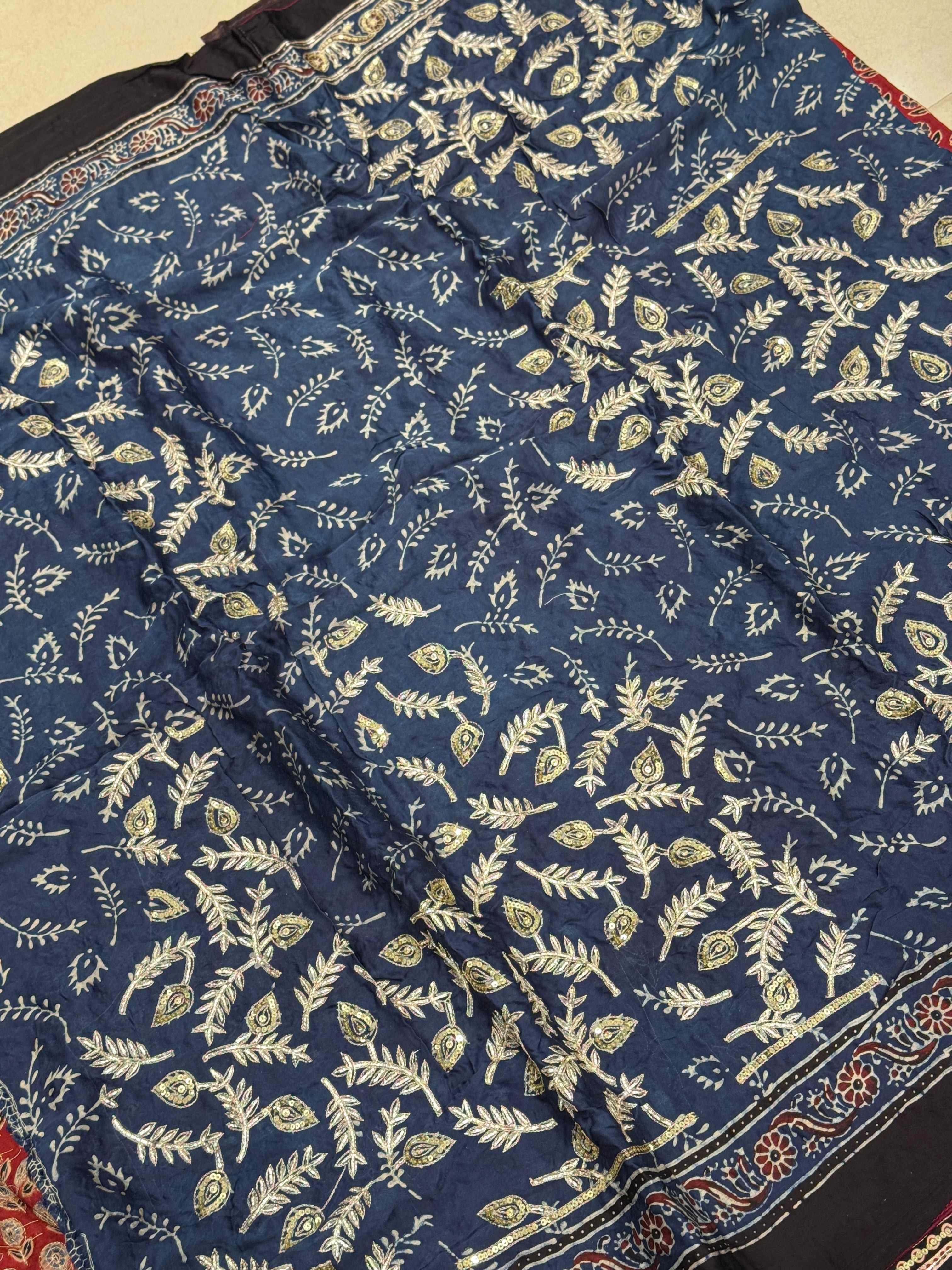 Red Buttis Pita Zardosi Sequin Ajrakh Hand Embroidery Saree