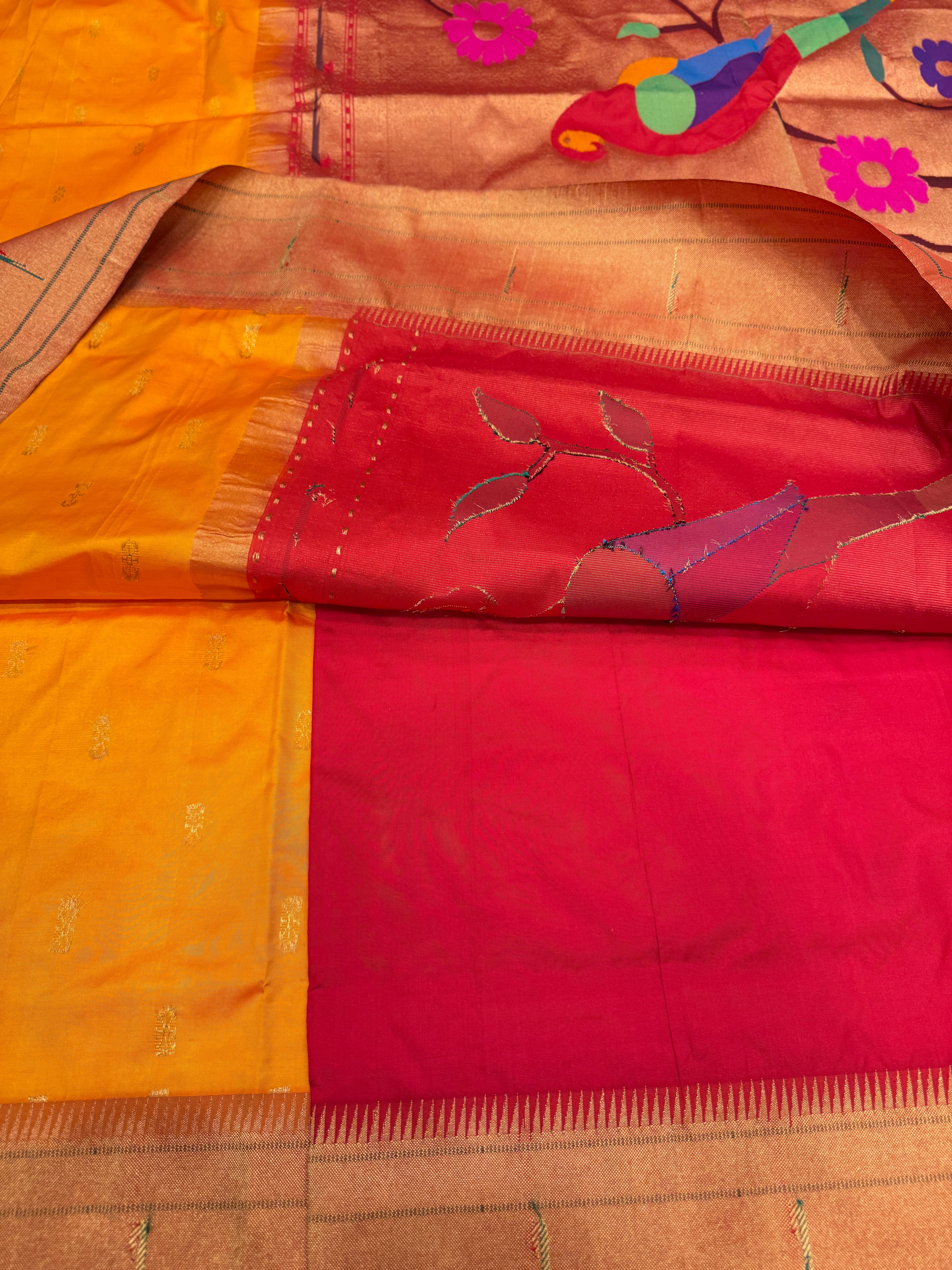 Yellow Muniya Pure Silk Handloom Paithani Saree