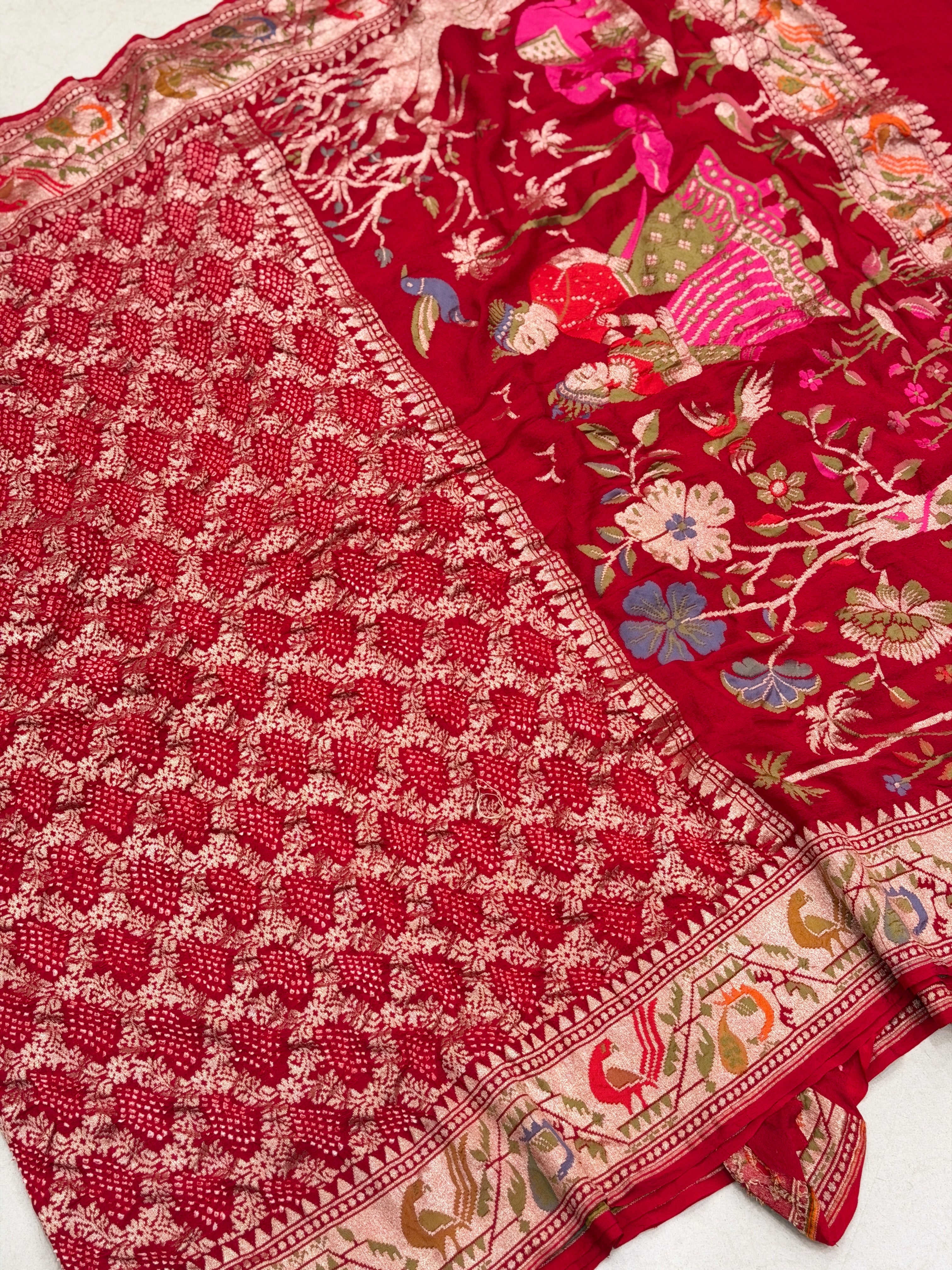Red Meenakari Border Paithani Style Pure Handloom Bandhej Georgette Saree