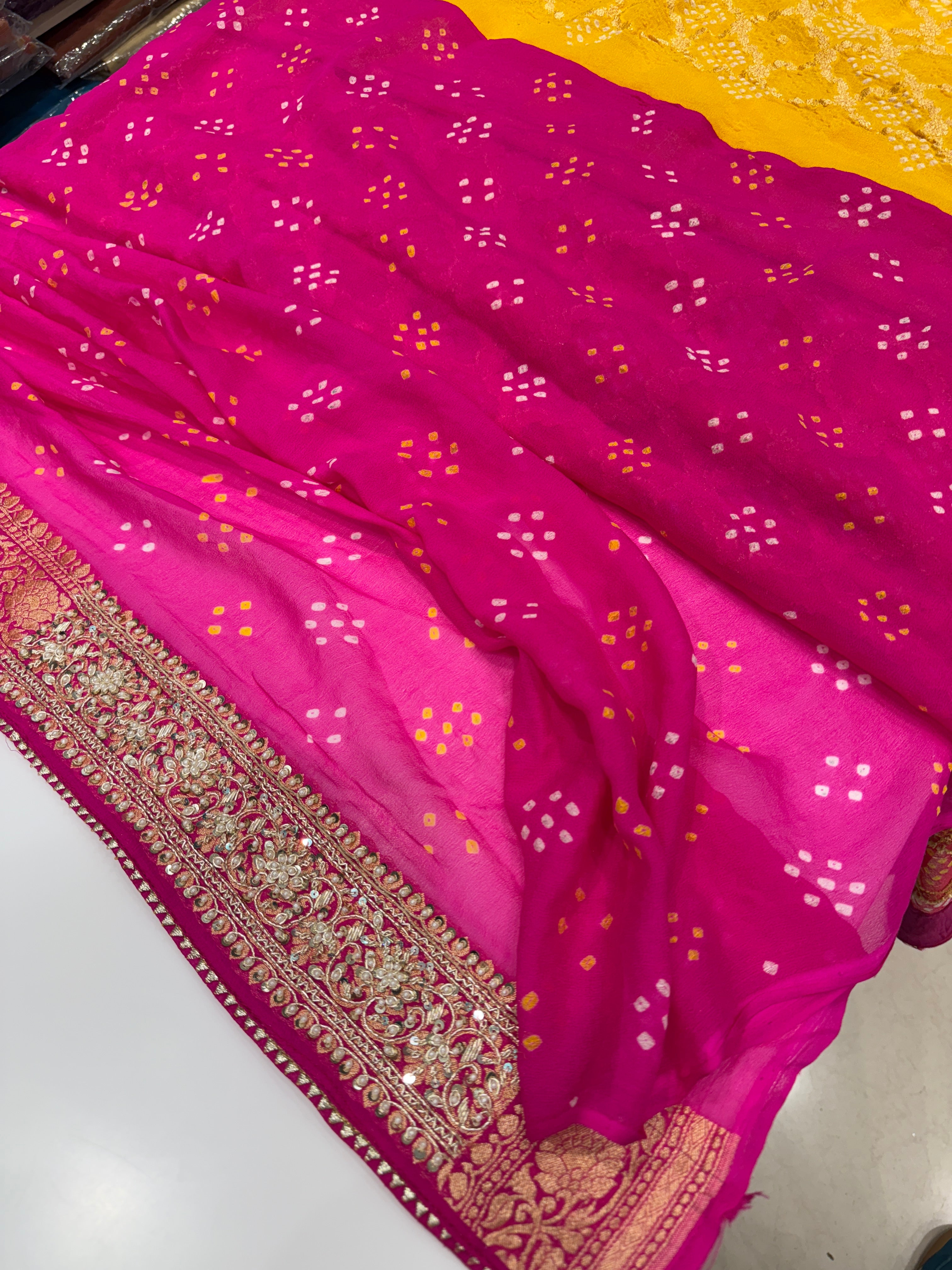 Six Colour Shaded Hand Embroidery Bandhej Saree