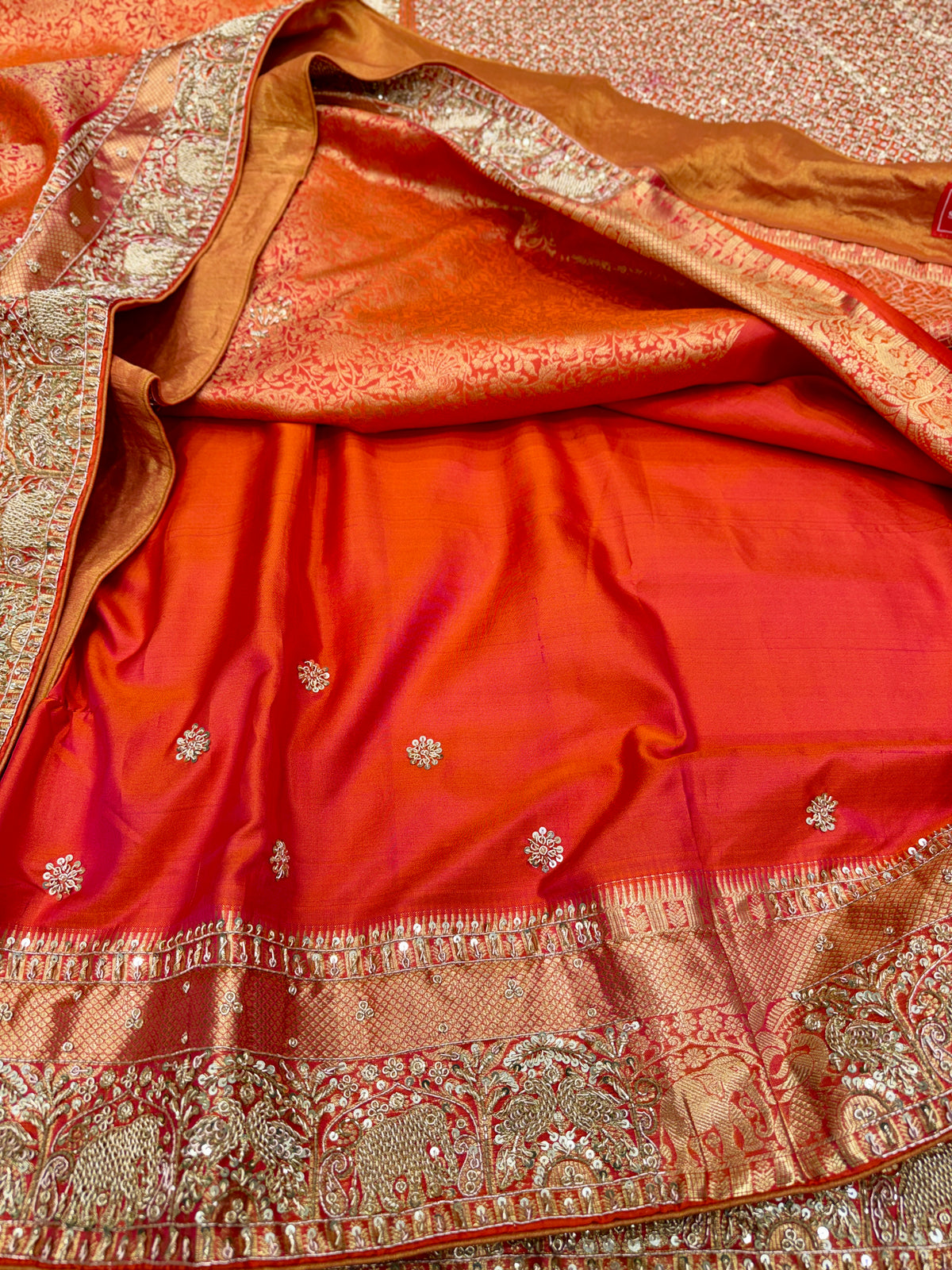 Rust Orange Kanjivaram Elephant Motifs Zardosi Hand Embroidery Saree