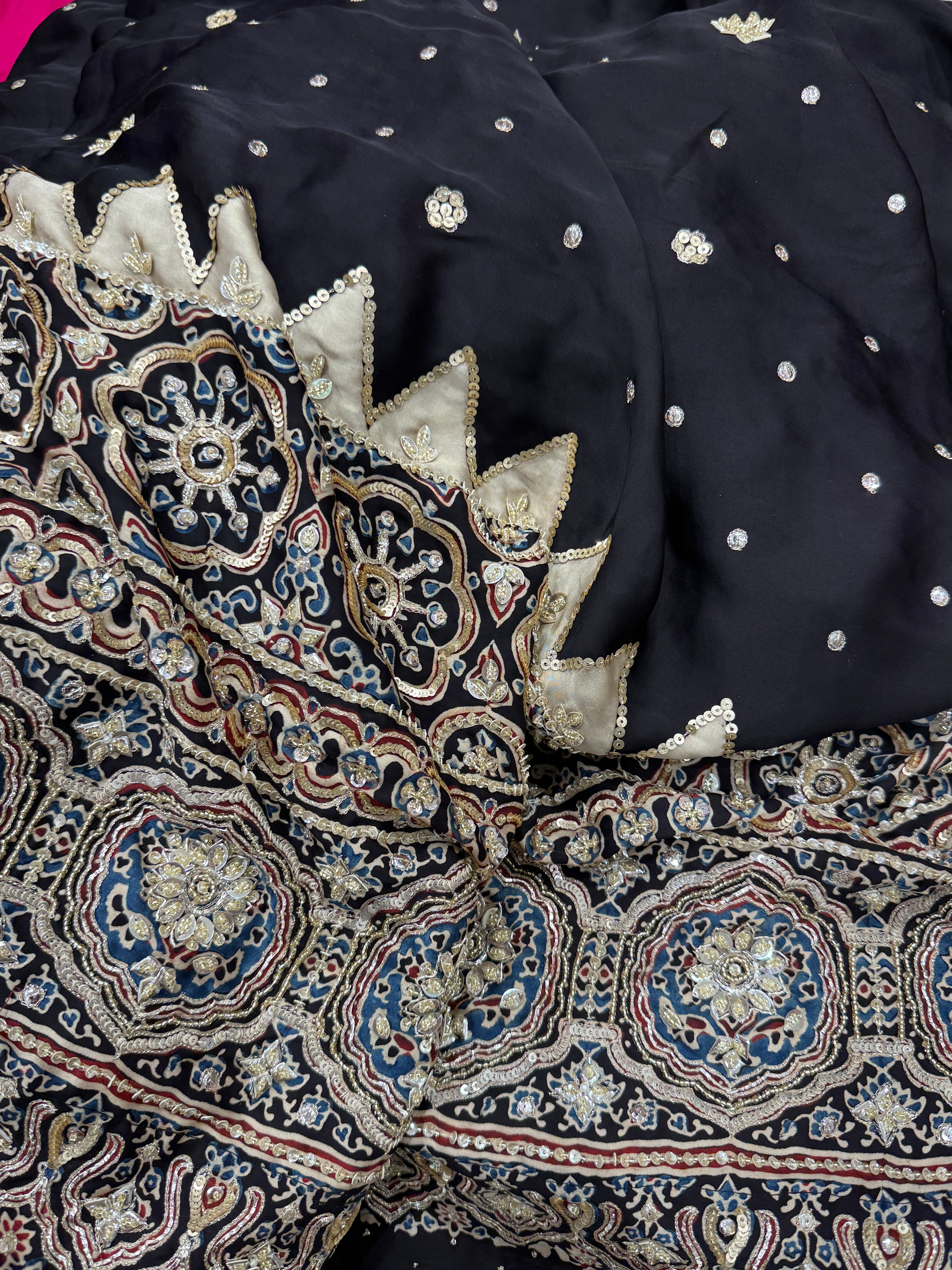 Ajrakh Hand Embroidery Zardosi and Pita Work