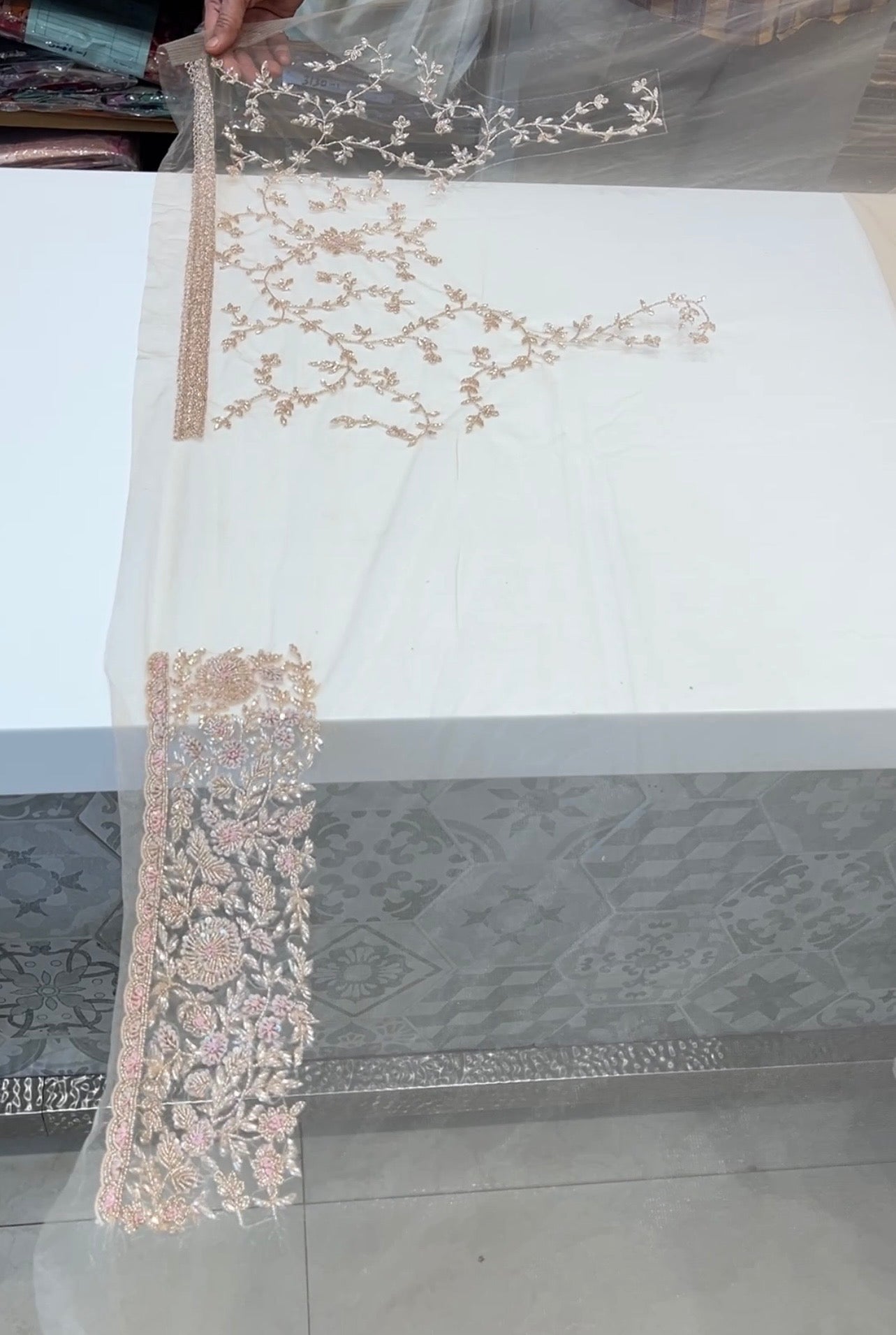 Golden Net Hand Embroidery Zardosi Moti Knot Work Saree