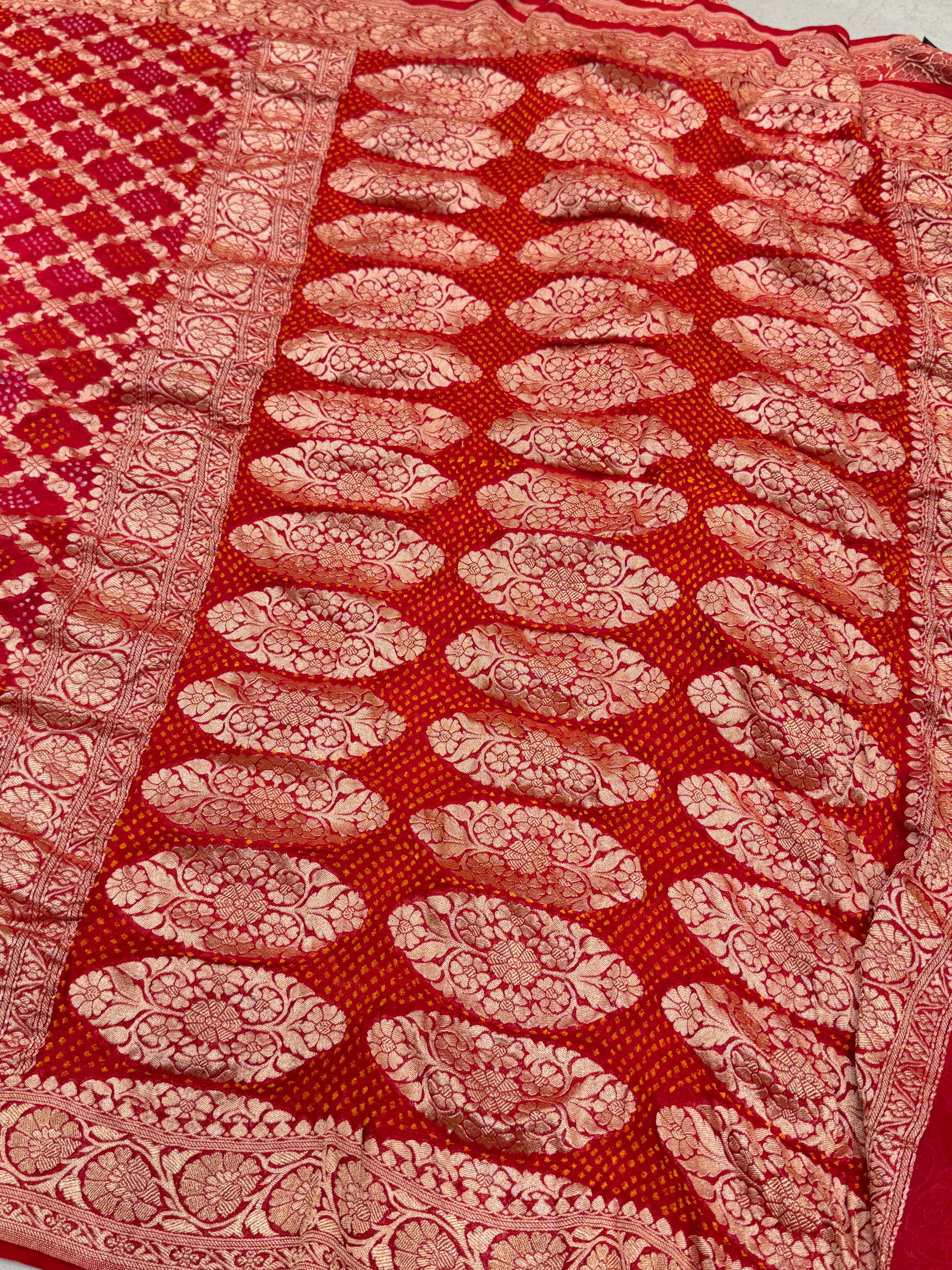 Red Rani Shaded Bandhej Bandhini Saree