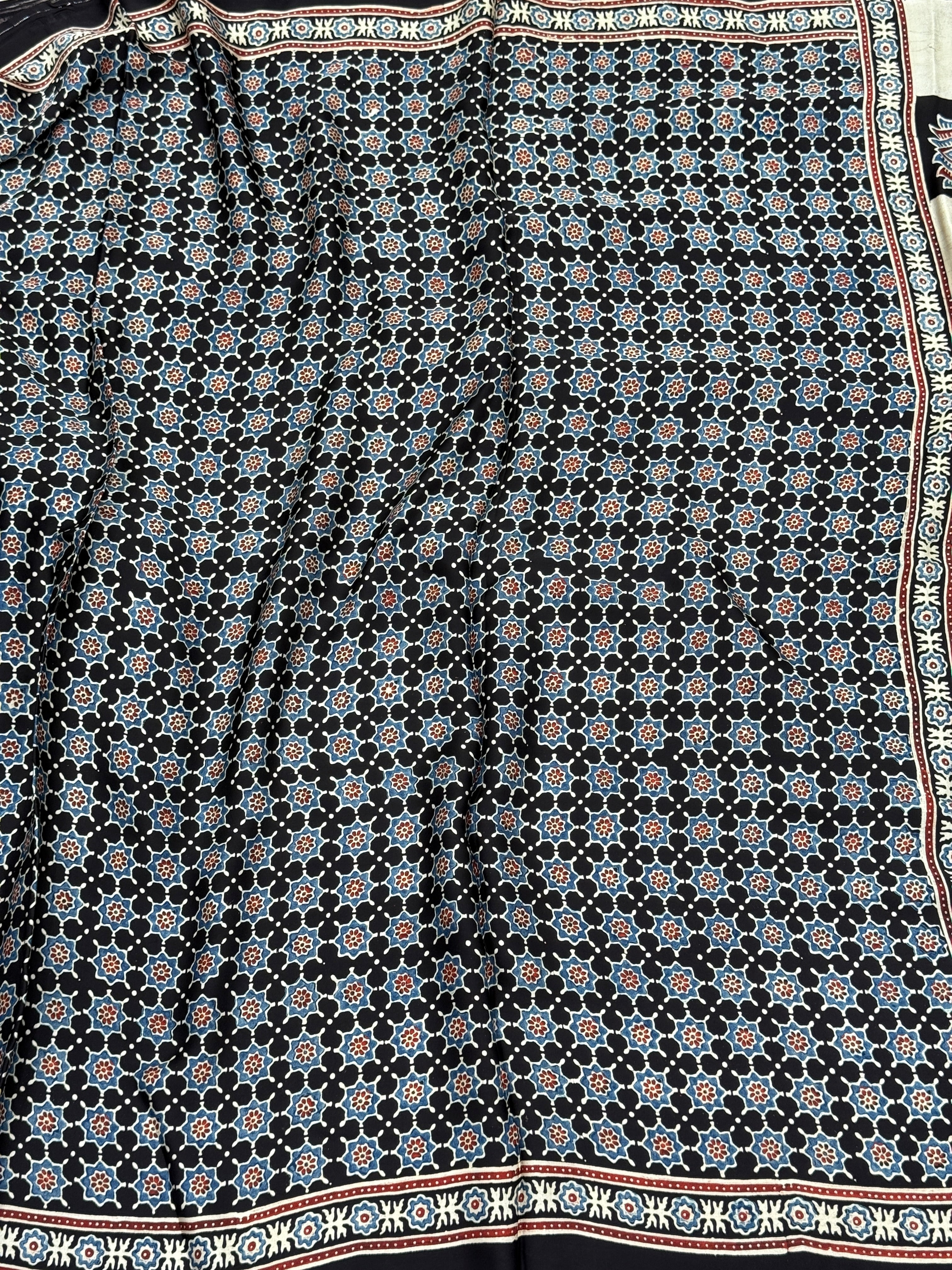 Black Keri Jewelled Check Pallu Butti Ajrakh Saree