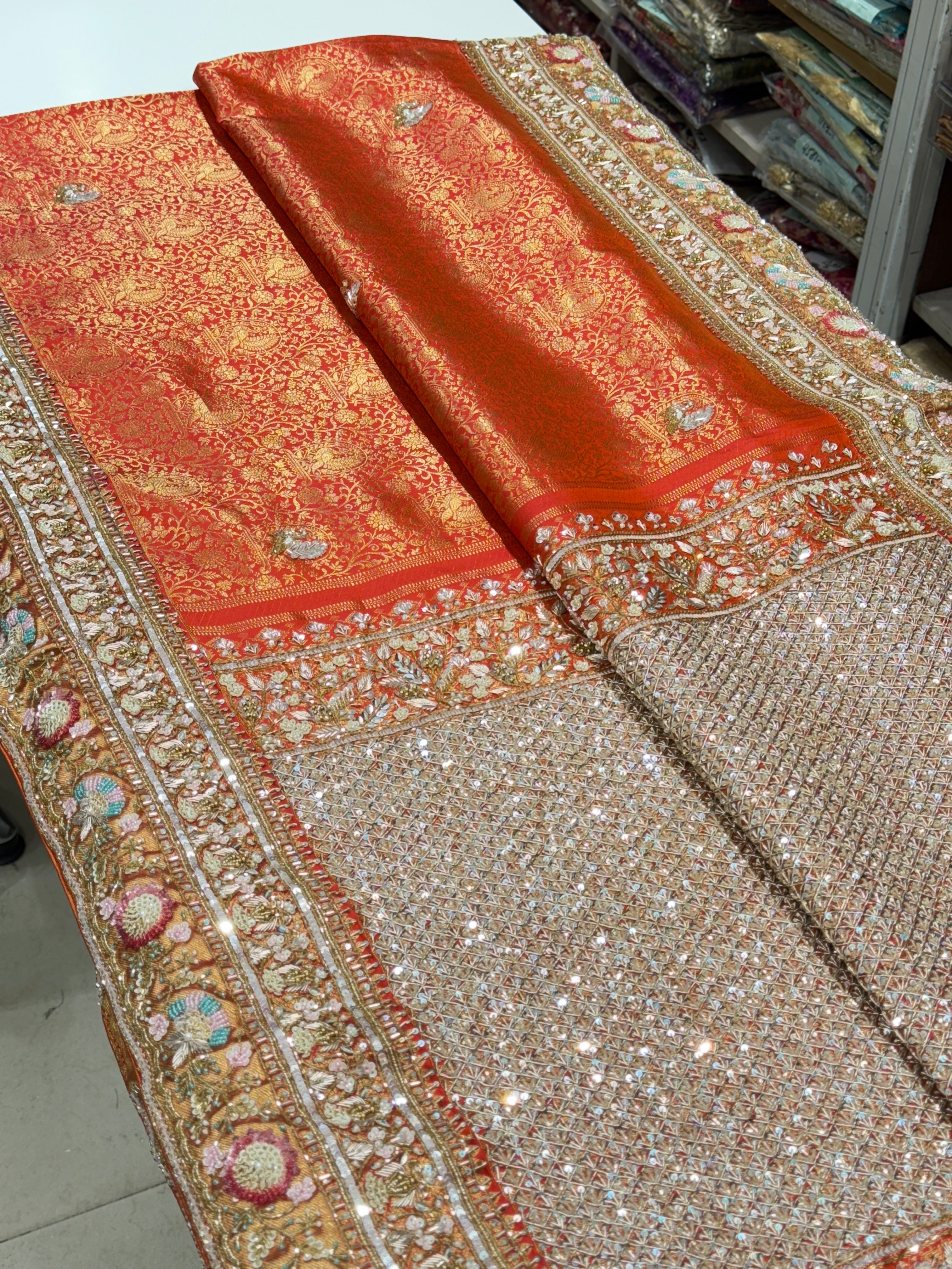 Rust Orange Kanjivaram Hand Embroidery Saree