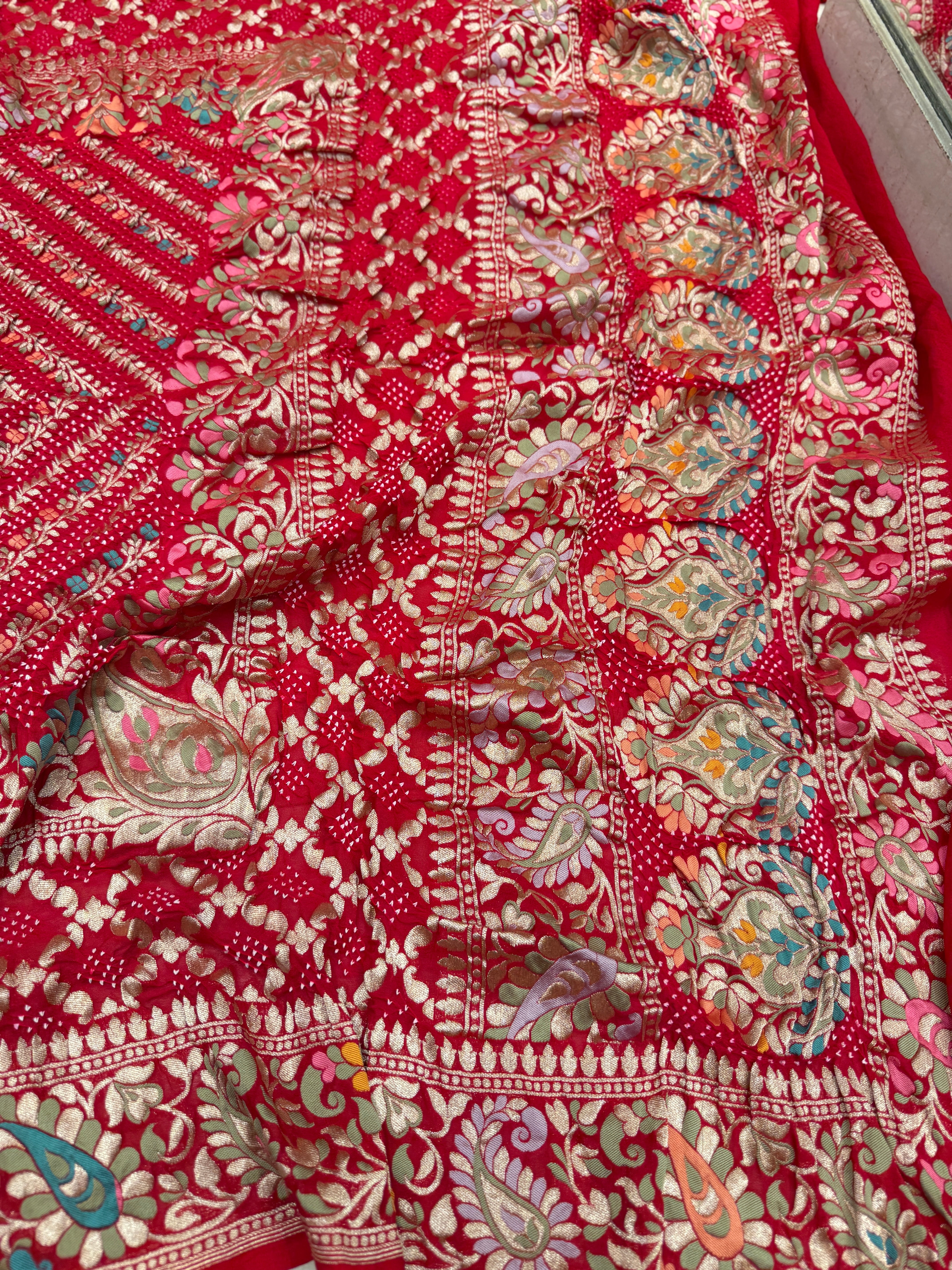 Red Jaal Double Border Handloom Meenakari Rai Bandhej Pure Zari Dupatta
