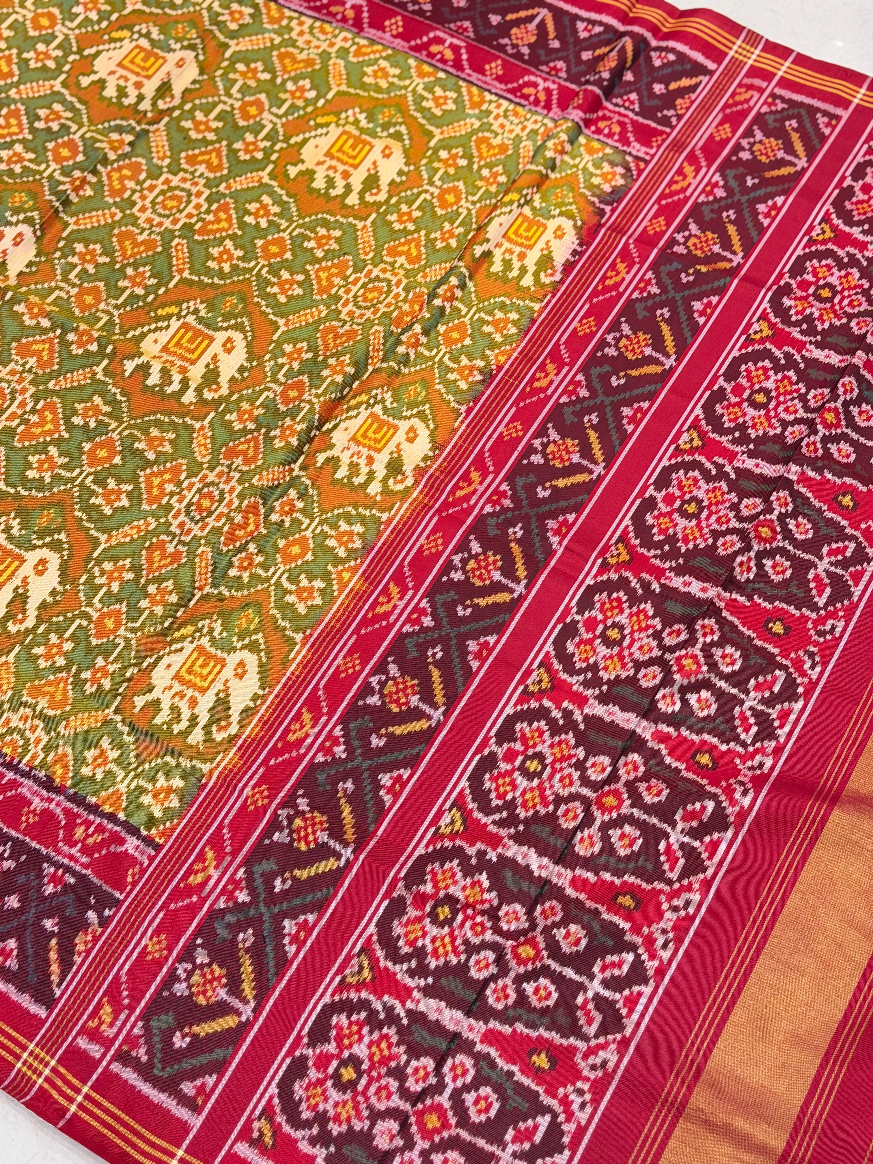 Yellow Red Navratna With Elephant Motifs Patan Patola Handloom Saree