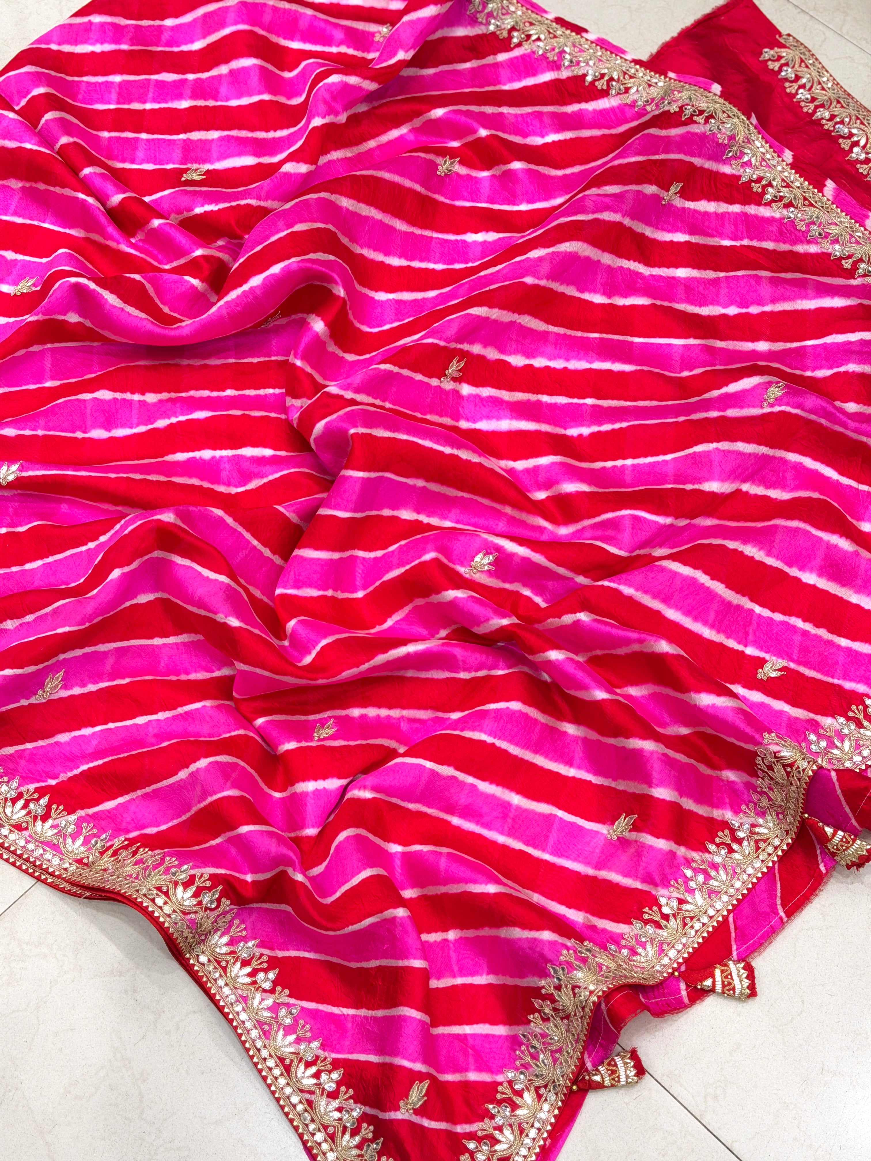 Rani Pink Leheriya Tussor with Gotapatti Embroidery Saree