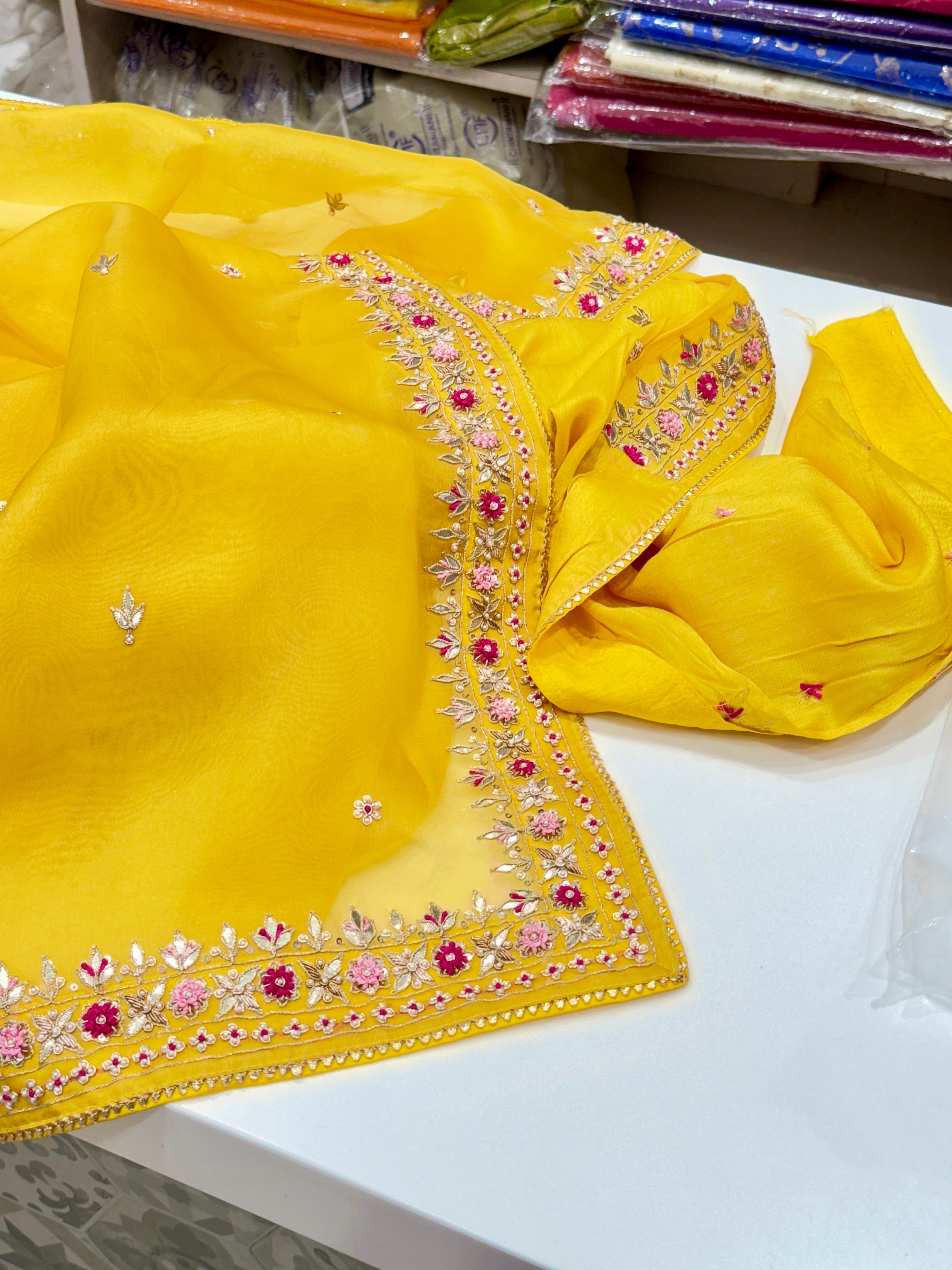 Yellow Handloom Organza Zardosi Saree