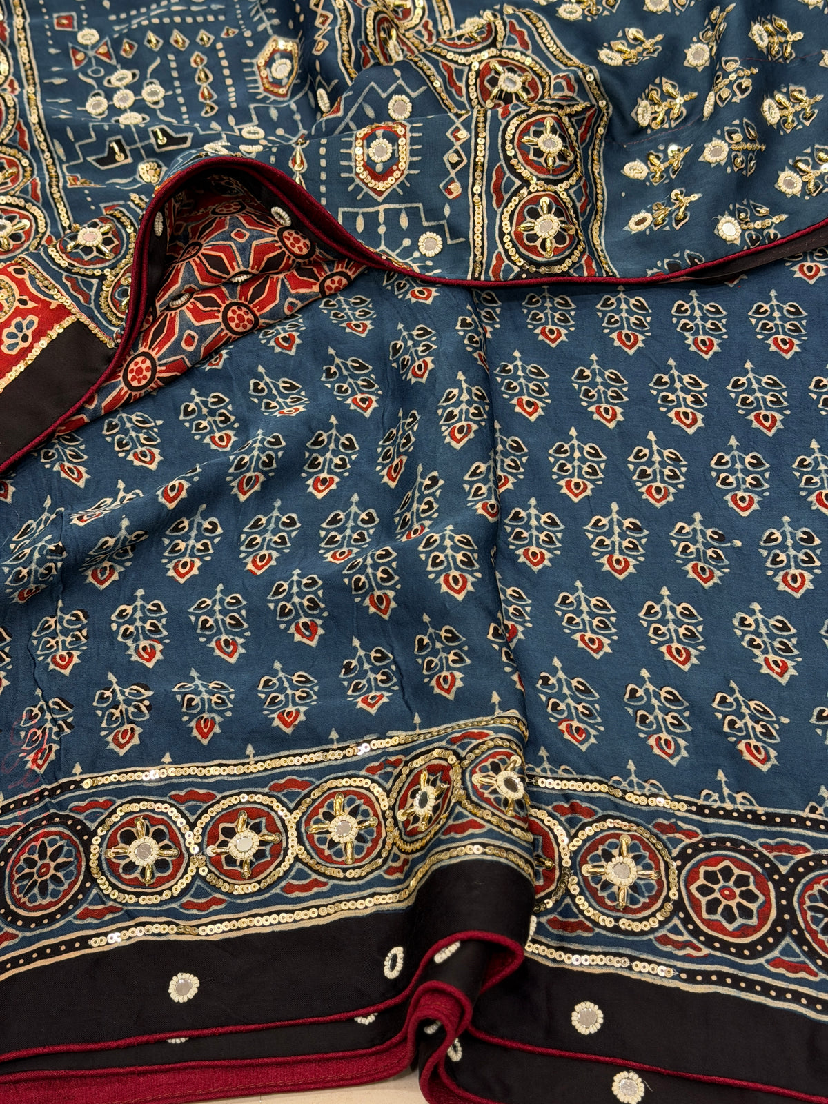 Red Blue Jaal Ajrakh Real Mirror Moti Sequin Hand Embroidery Saree
