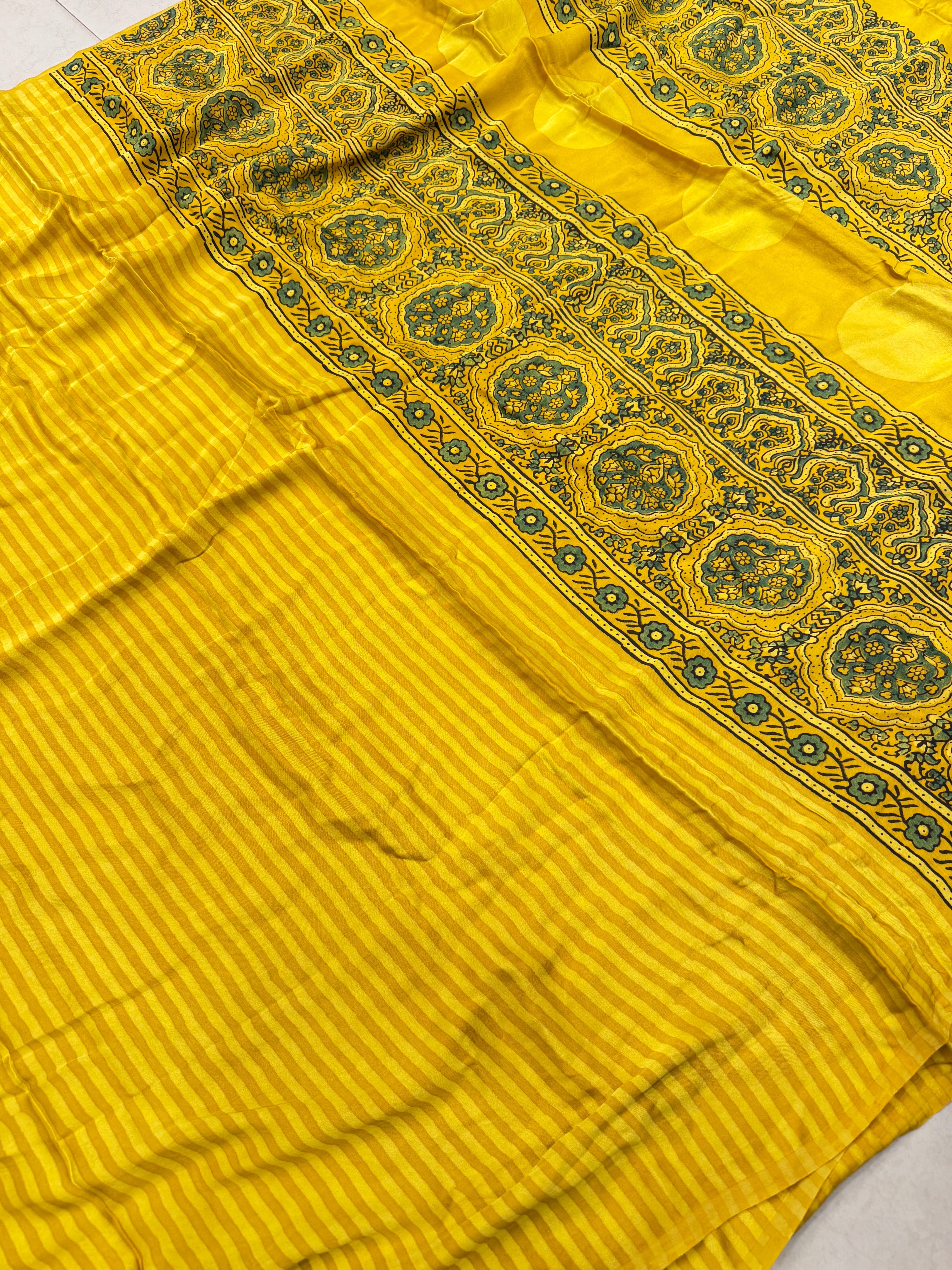 Yellow Contemporary Ajrakh Hand Block Print Pure Gajji Silk Saree