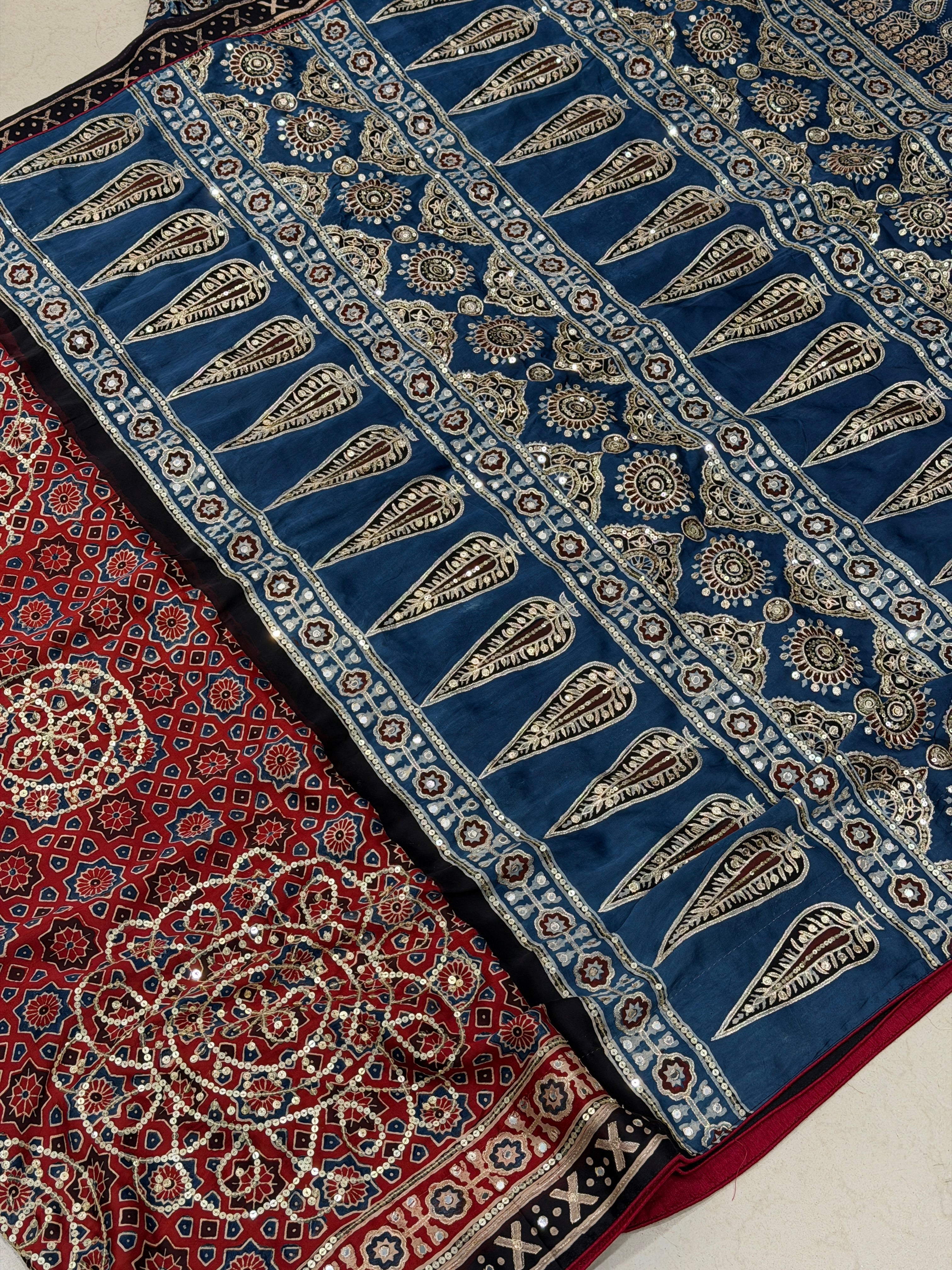 Alia Bhatt Inspired Ajrakh Modal Hand Embroidery Saree