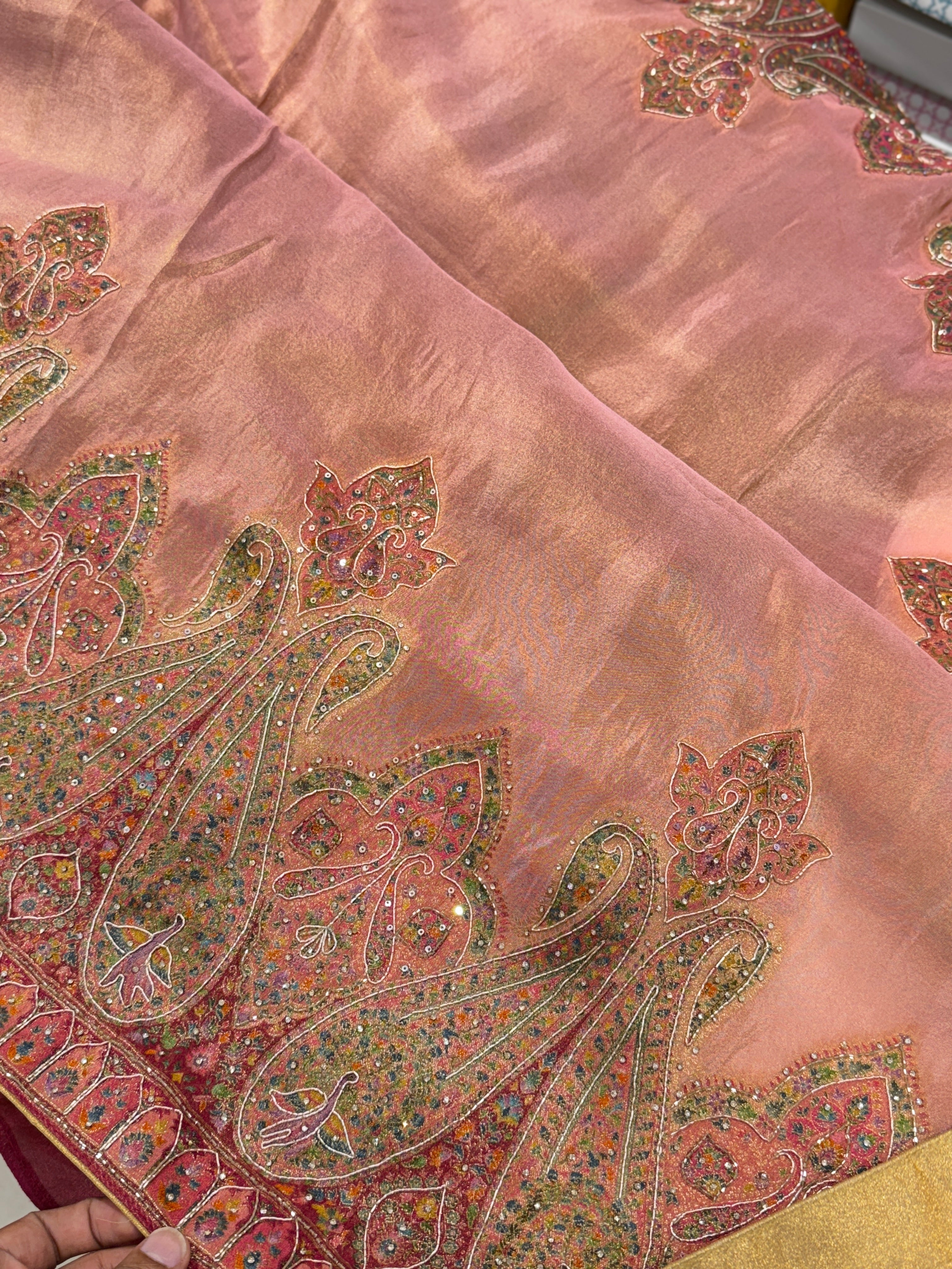 Pink Crepe Tissue Pashmina Style Embroidery Saree