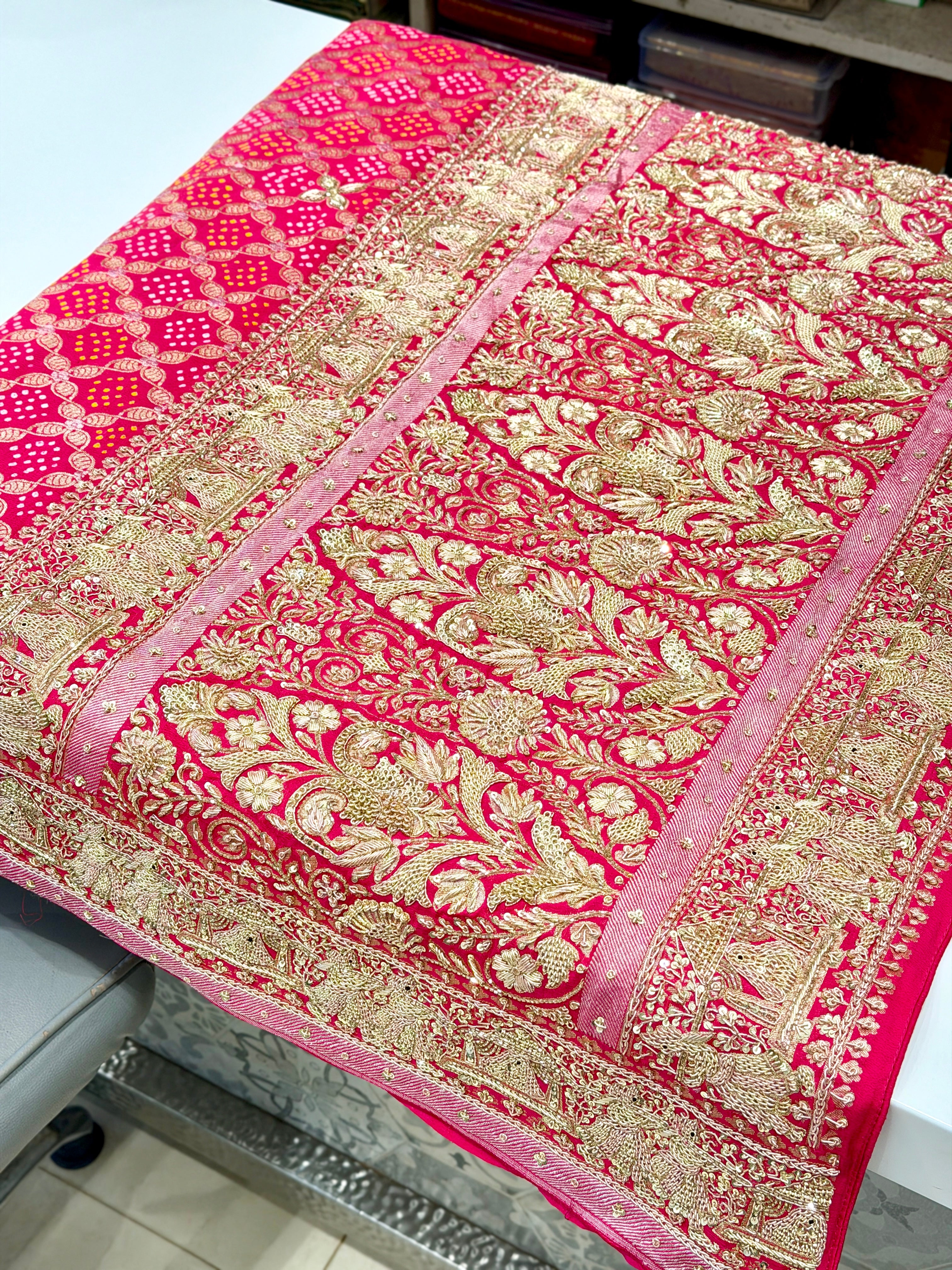 Strawberry Shaded Bandhej Zardodi Doli Edit Hand Embroidery Saree