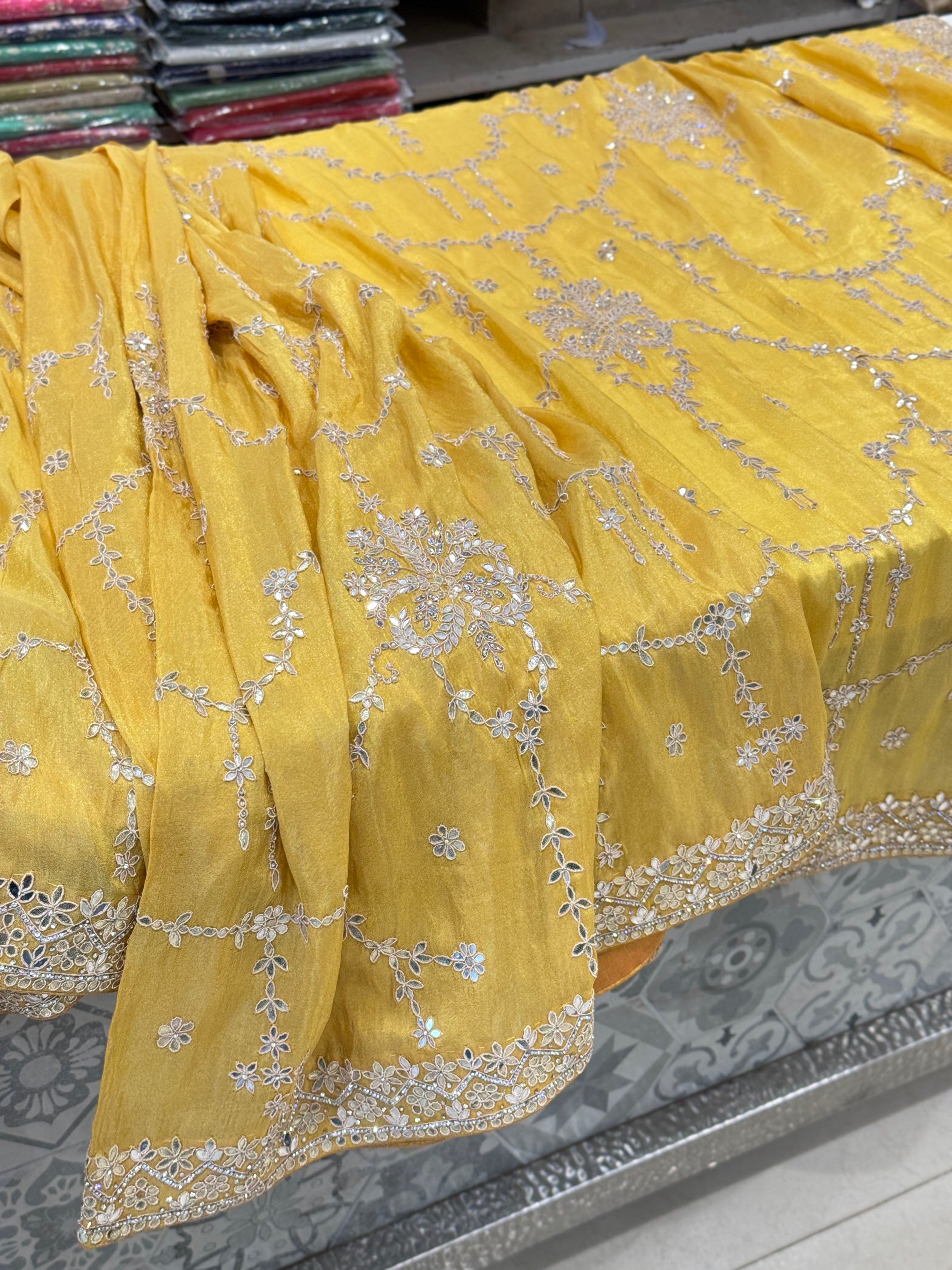Yellow Crepe Tissue Mirror Gota Saree