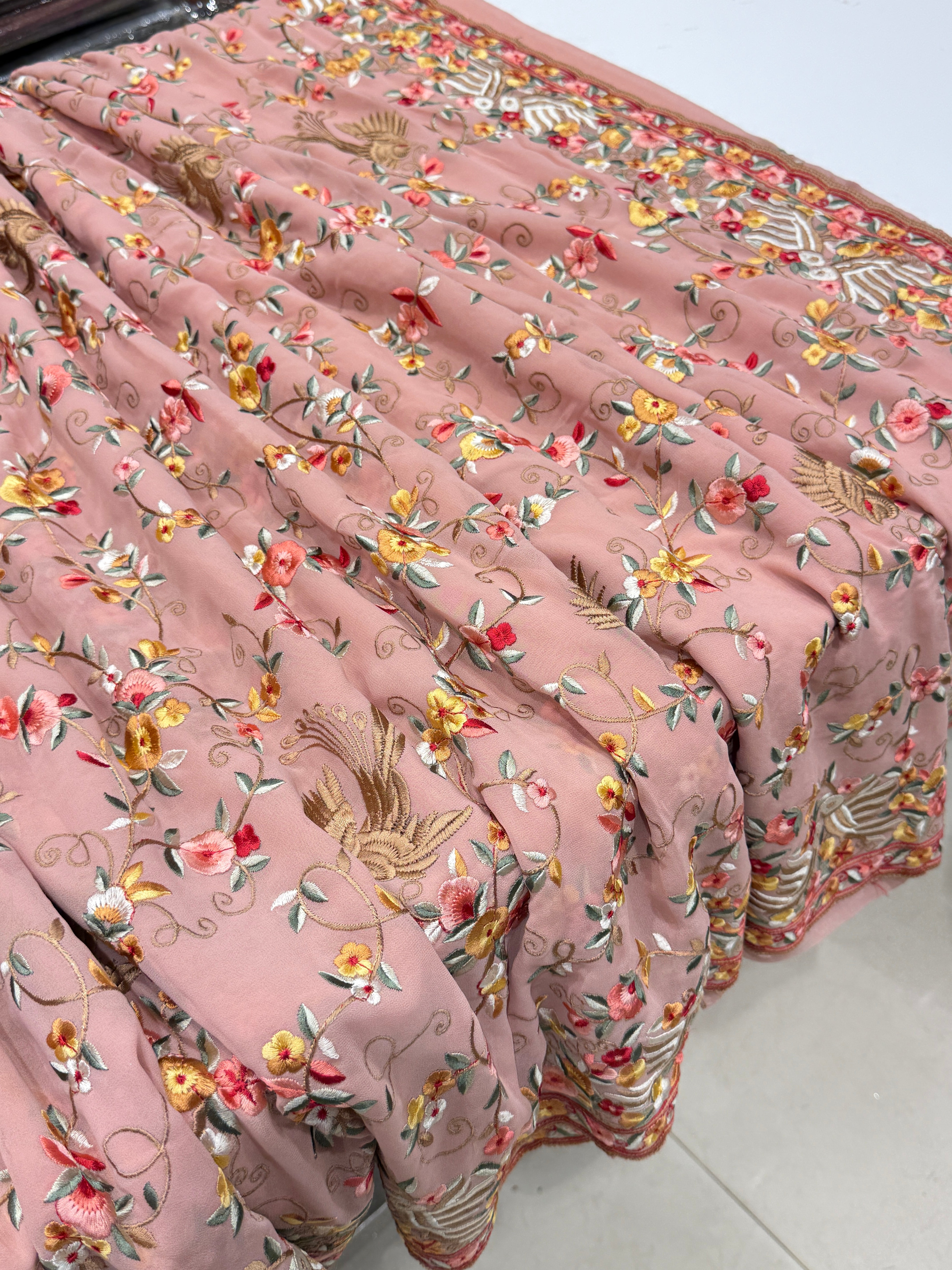 Pink Georgette Multi Colour Jaal Floral Parsi Gara Saree