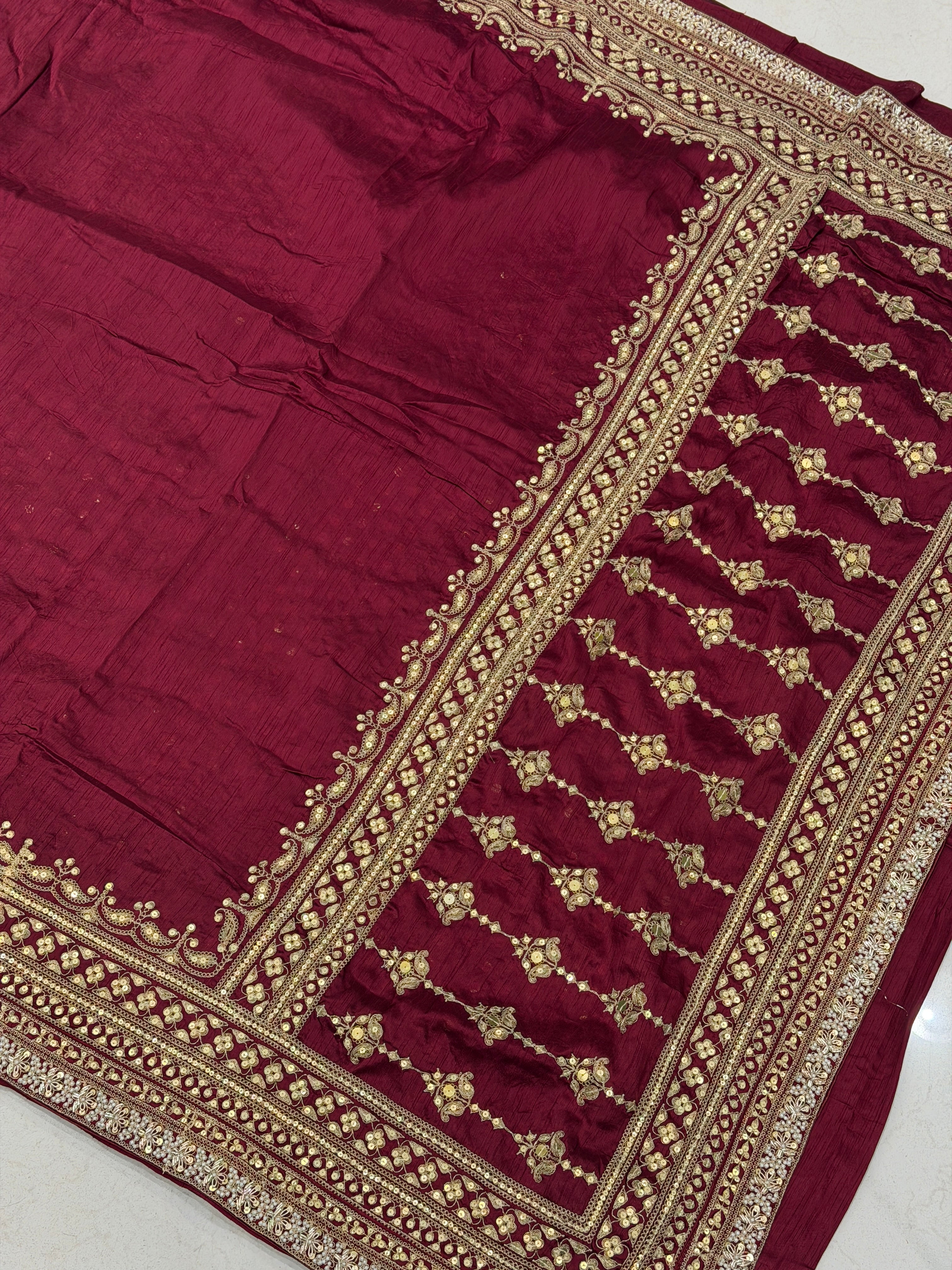 Maroon Pure Silk Sabyasachi Inspired Marodi Sequin Jaal Pallu Saree