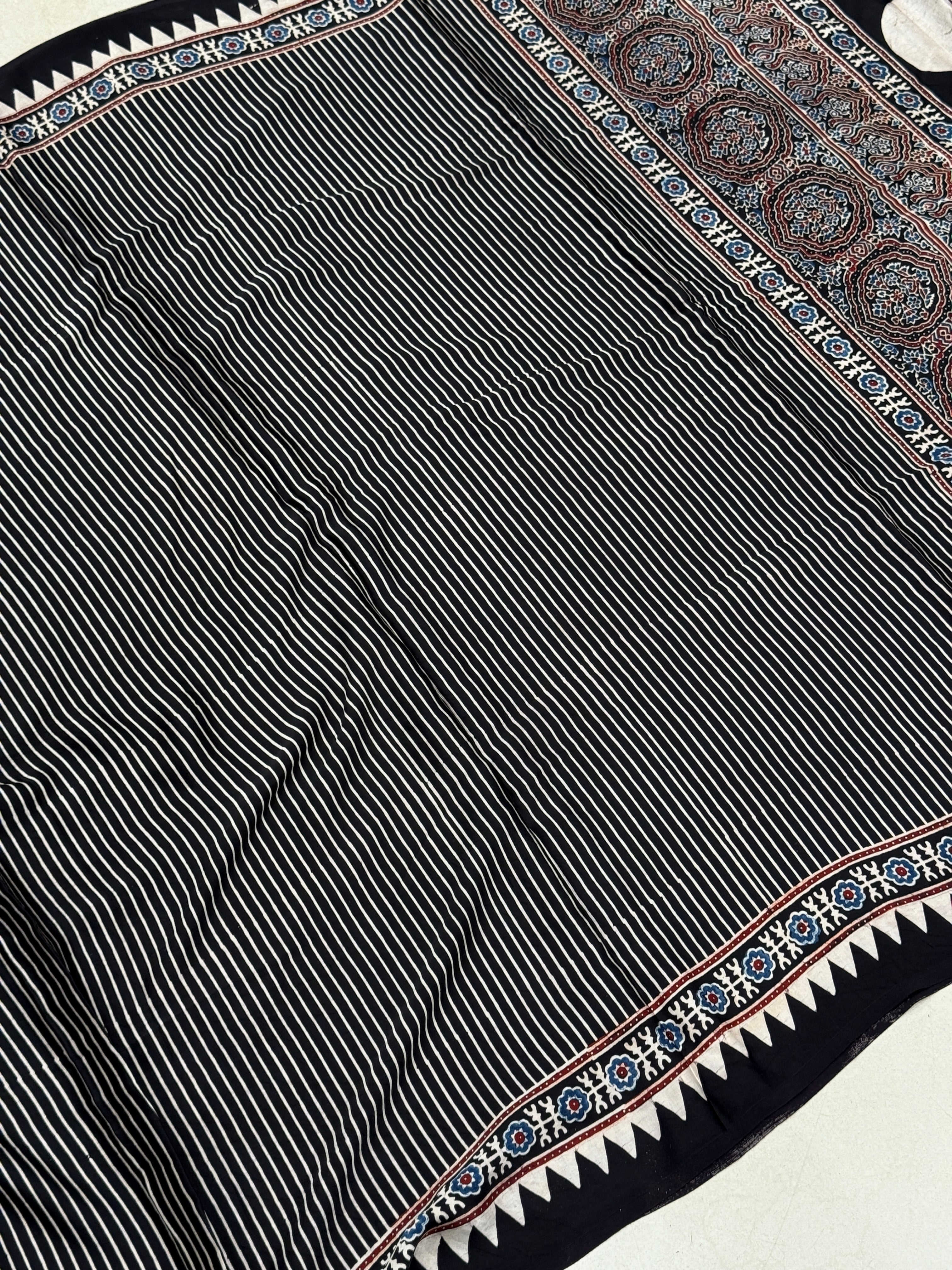 Black Contemporary Box Pallu Ajrakh Block Print Hand Pure Gajji Silk Saree