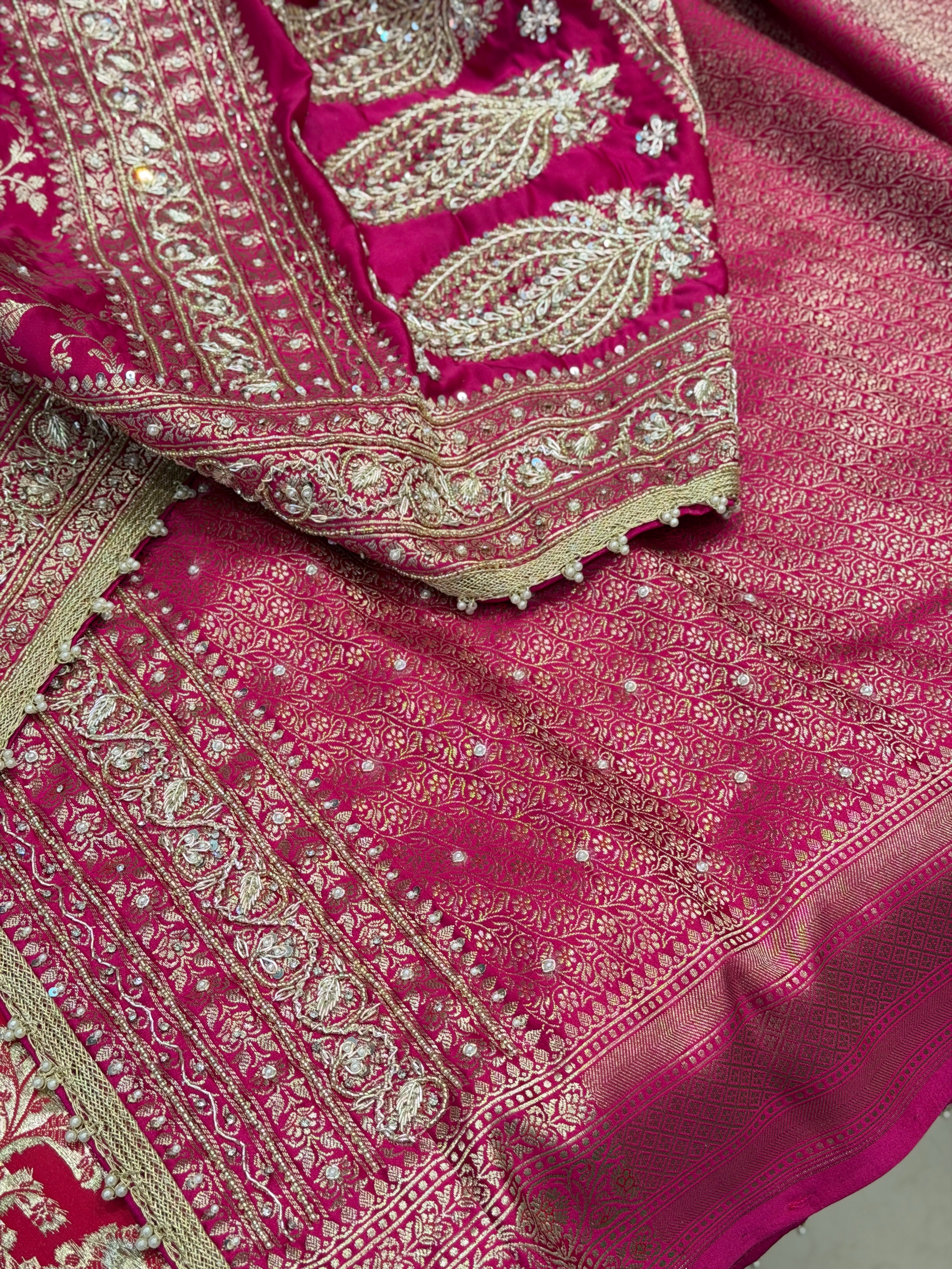 Rani Pink Banarasi Sona Roopa Jaal Zardosi Hand Embroidery Saree
