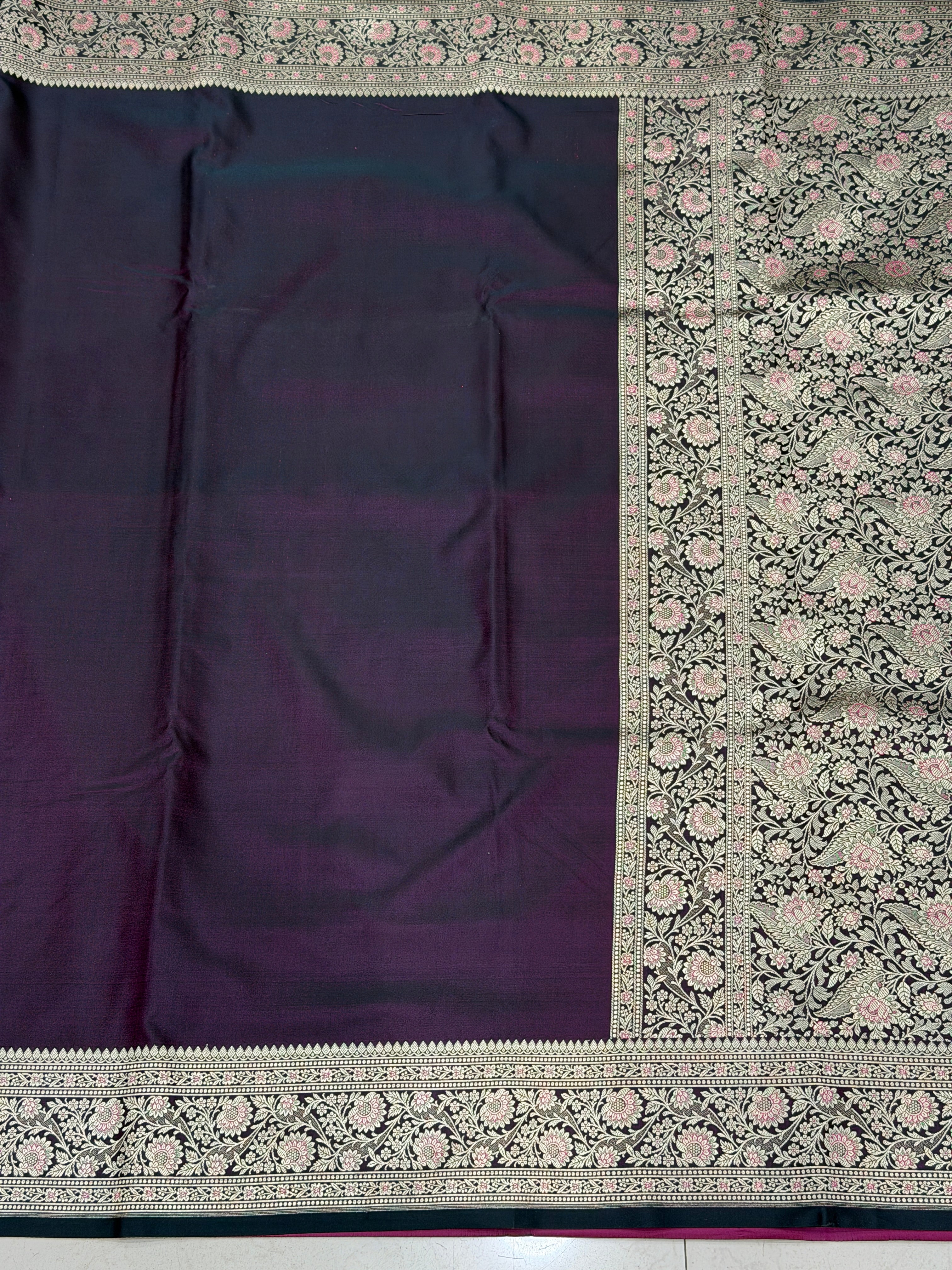 Dark Wine Upside Down Banarasi Raw Mango Style Plain Silk Saree
