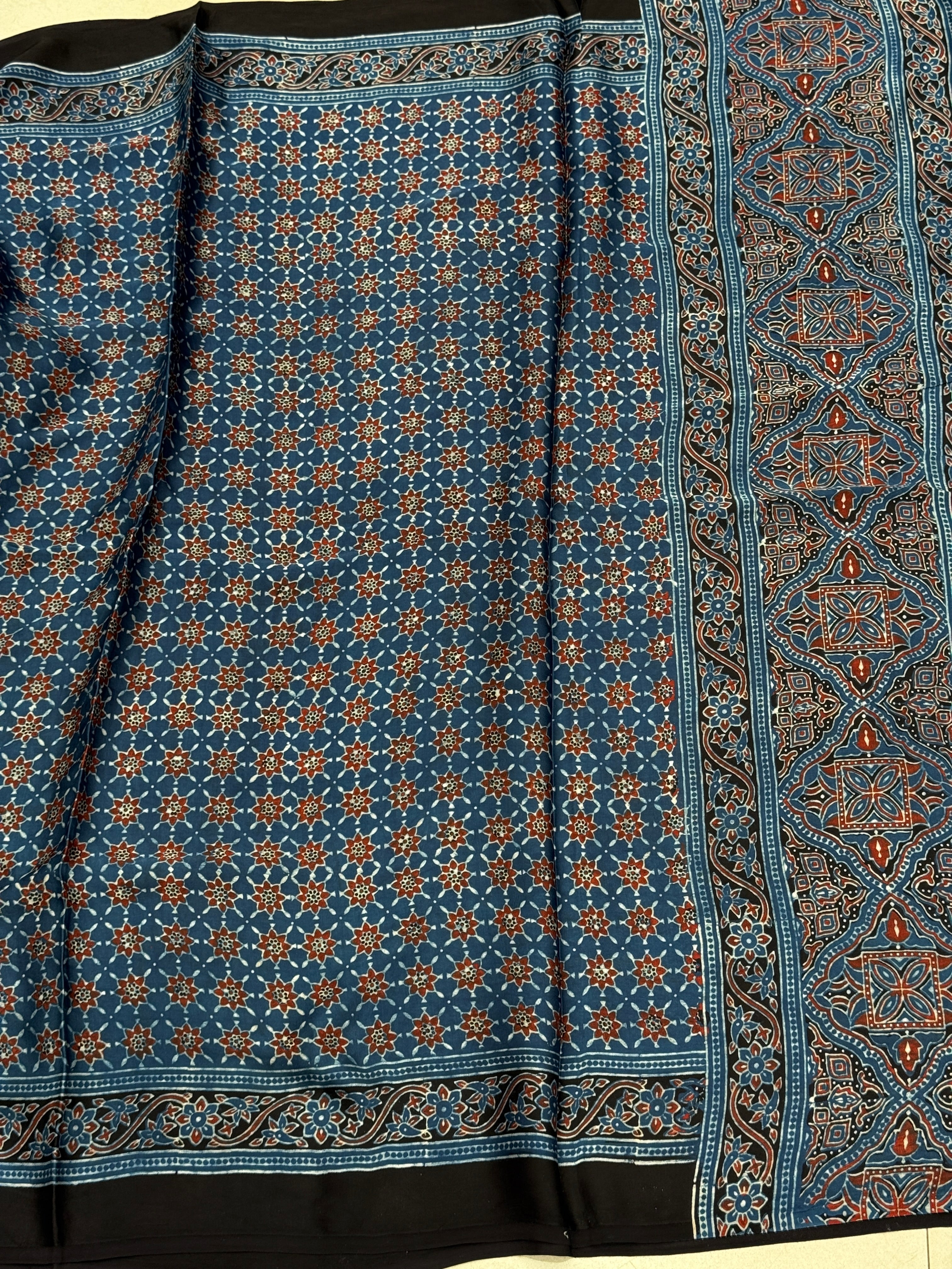 Blue Star Butti Ajrakh Hand Block Print Pure Gajji Silk Saree