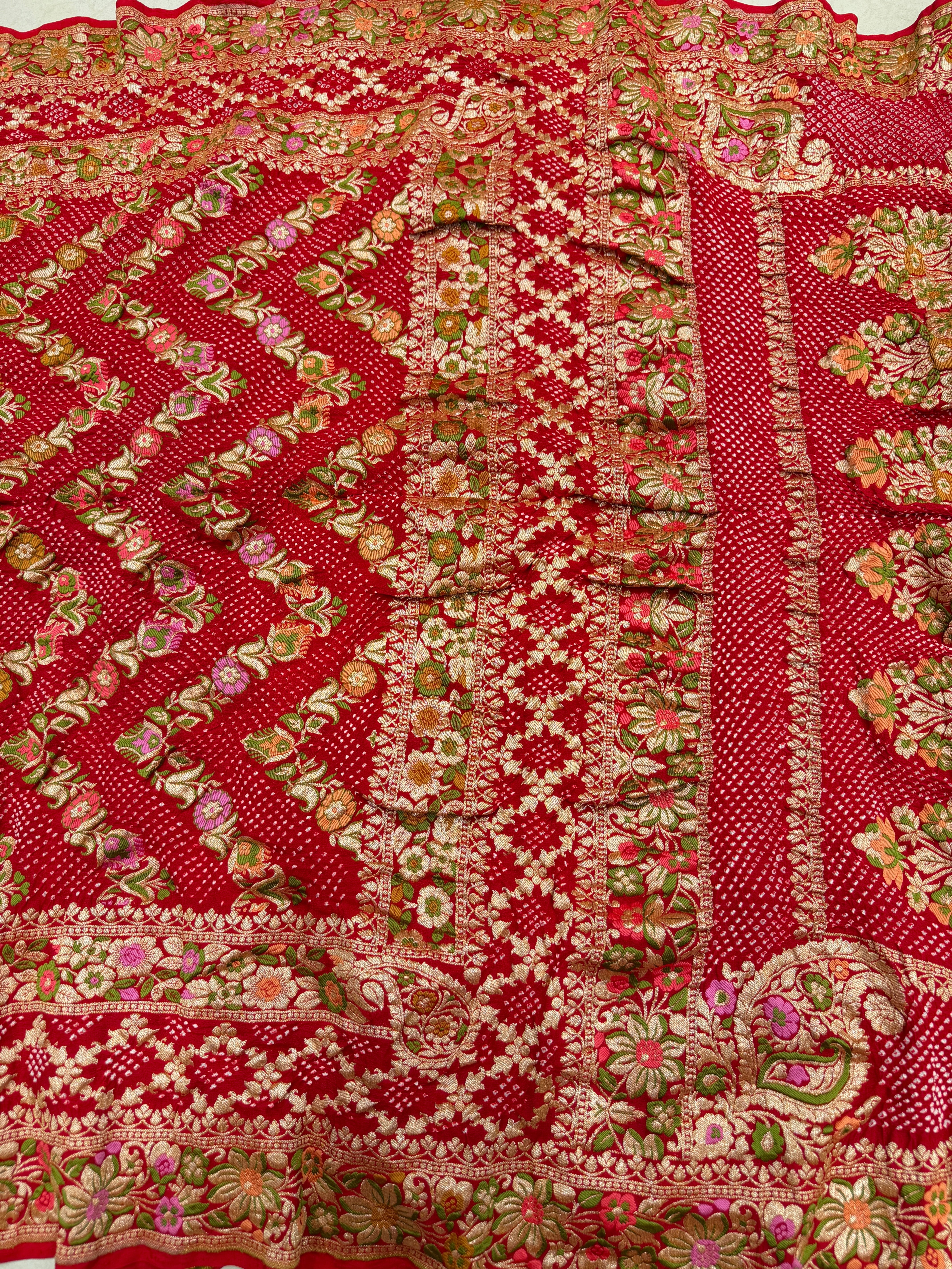 Red Floral Meenakari Georgette Rai Bandhej Saree