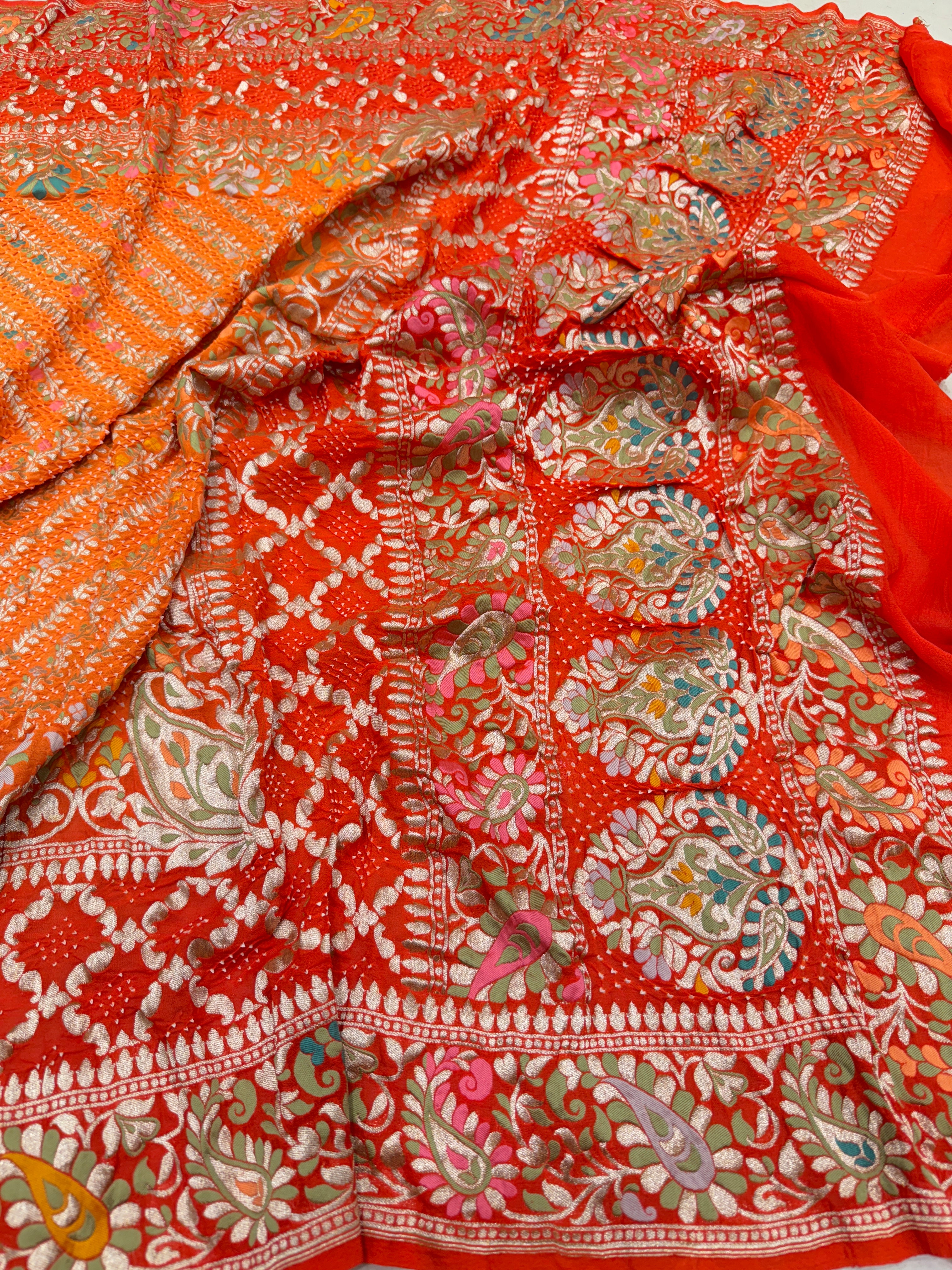 Shaded Orange Jaal Handloom Meenakari Rai Bandhej Pure Zari Dupatta