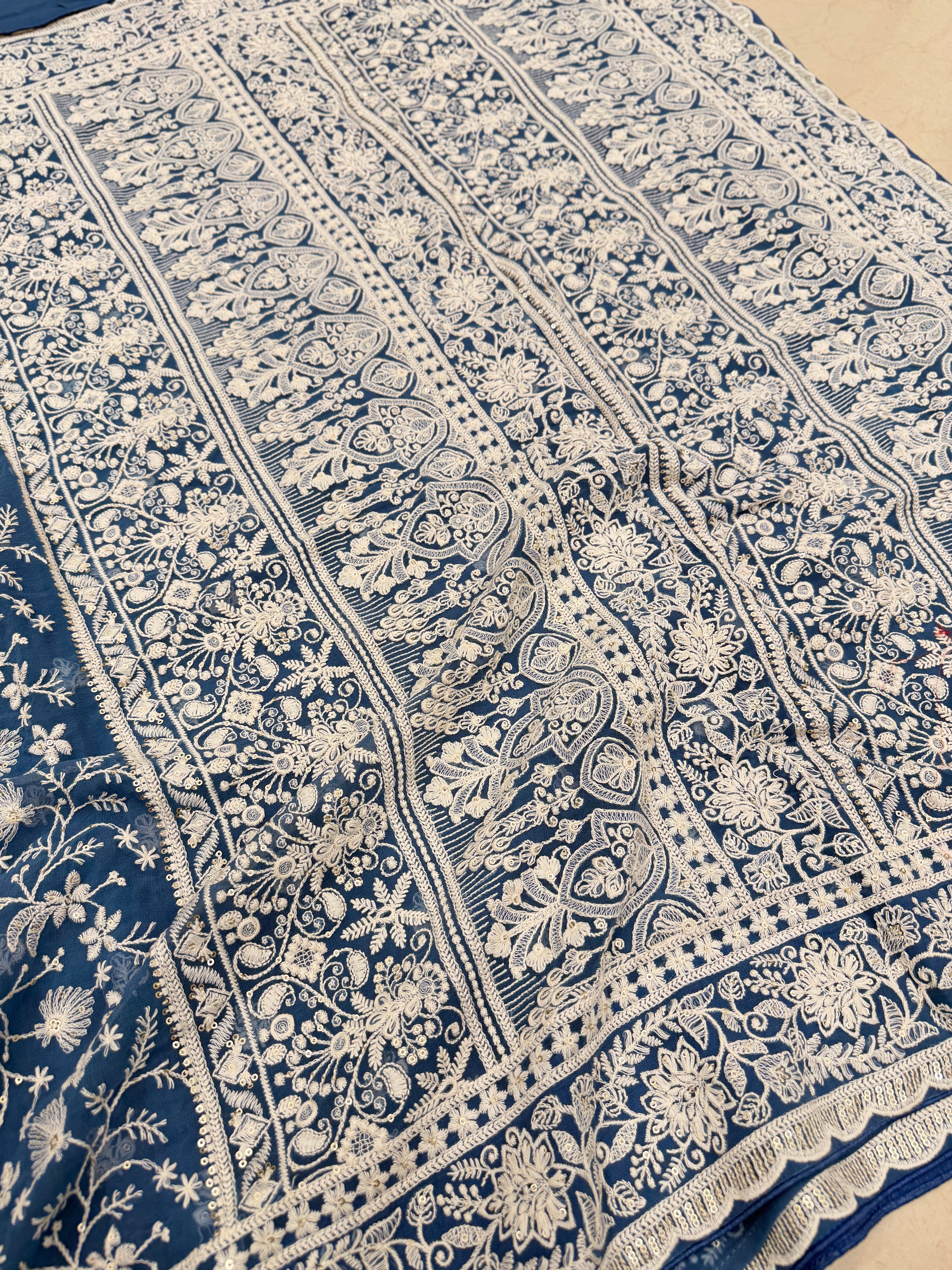 Blue Georgette Chikankari Resham Saree