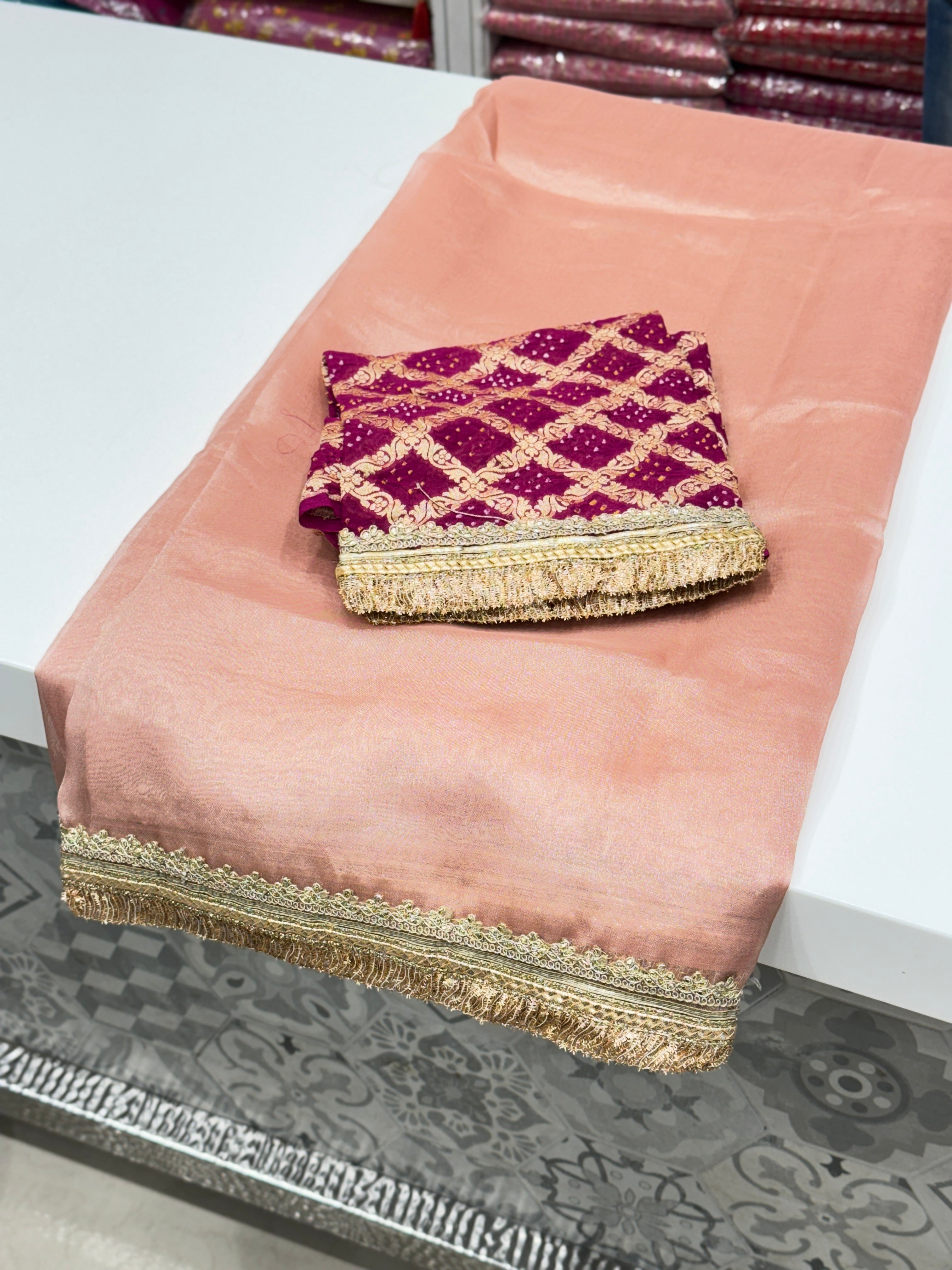 Peach Handloom Banarasi Tissue Saree With Bandhej Blouse