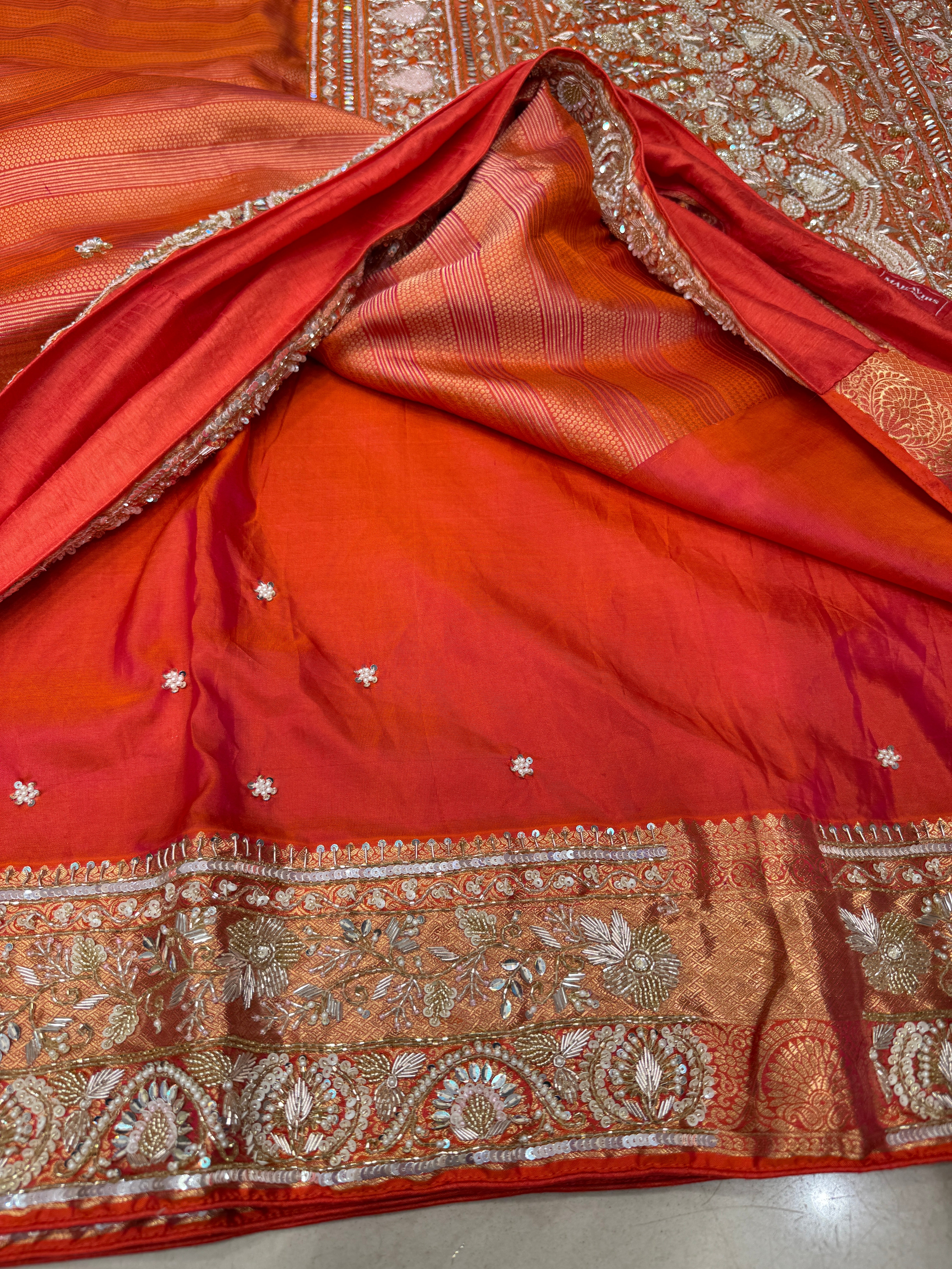 Orange Contemporary Pure Silk Kanjivaram Hand Embroidered Saree