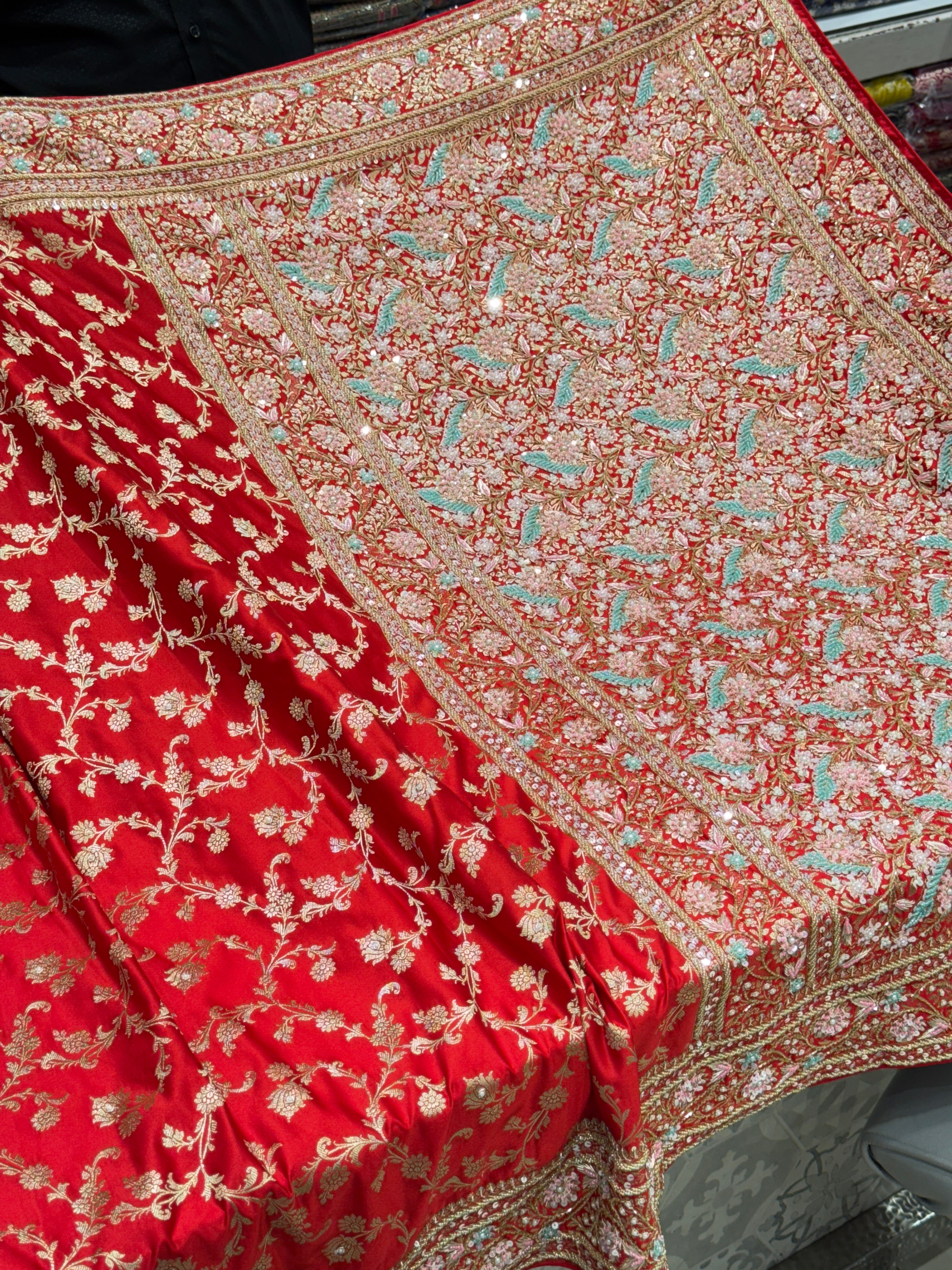 Red Banarasi Upside Down Border Fancy Hand Embroidery Saree
