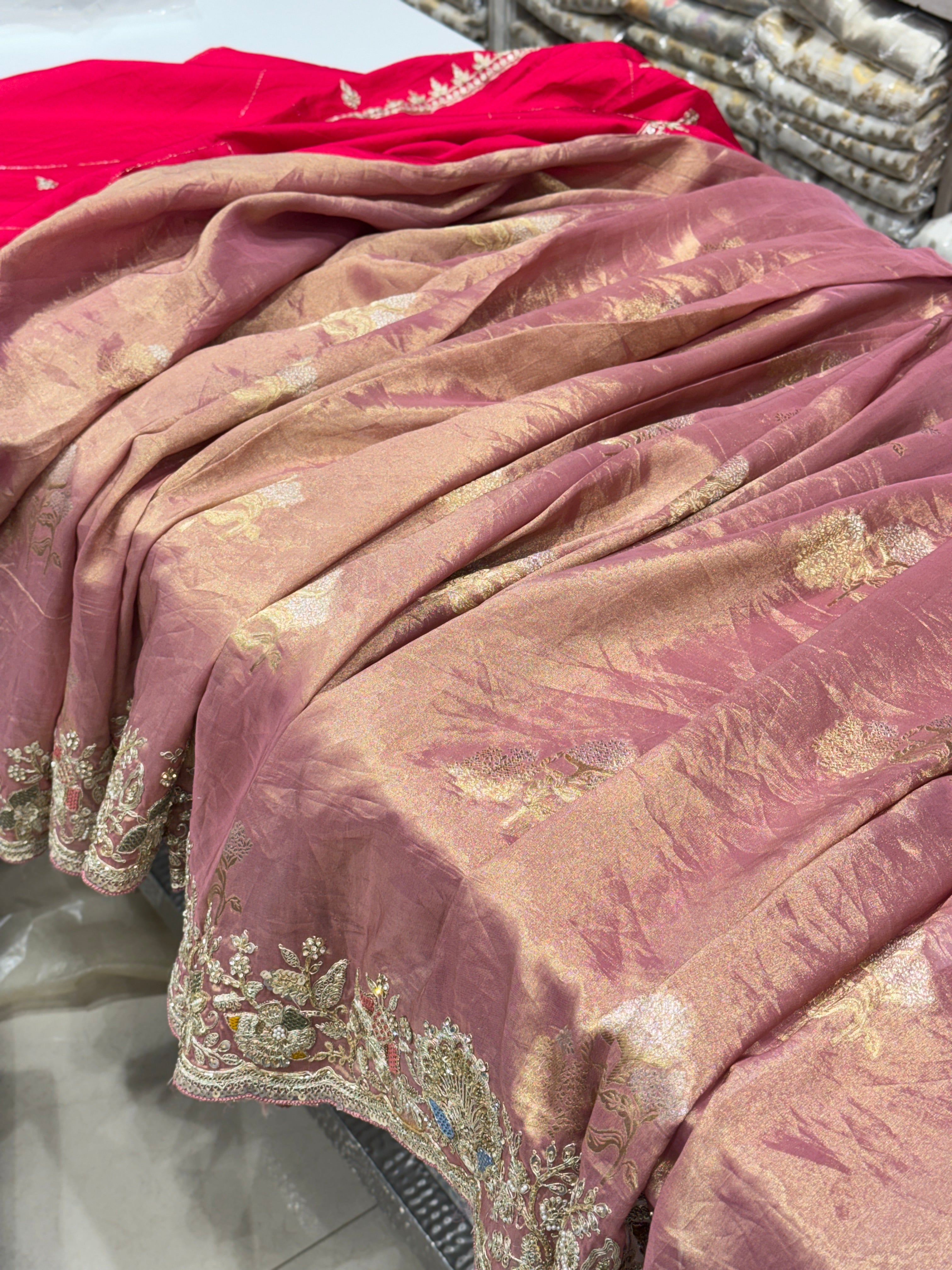 Pink Tissue Weaved Embroidery Saree