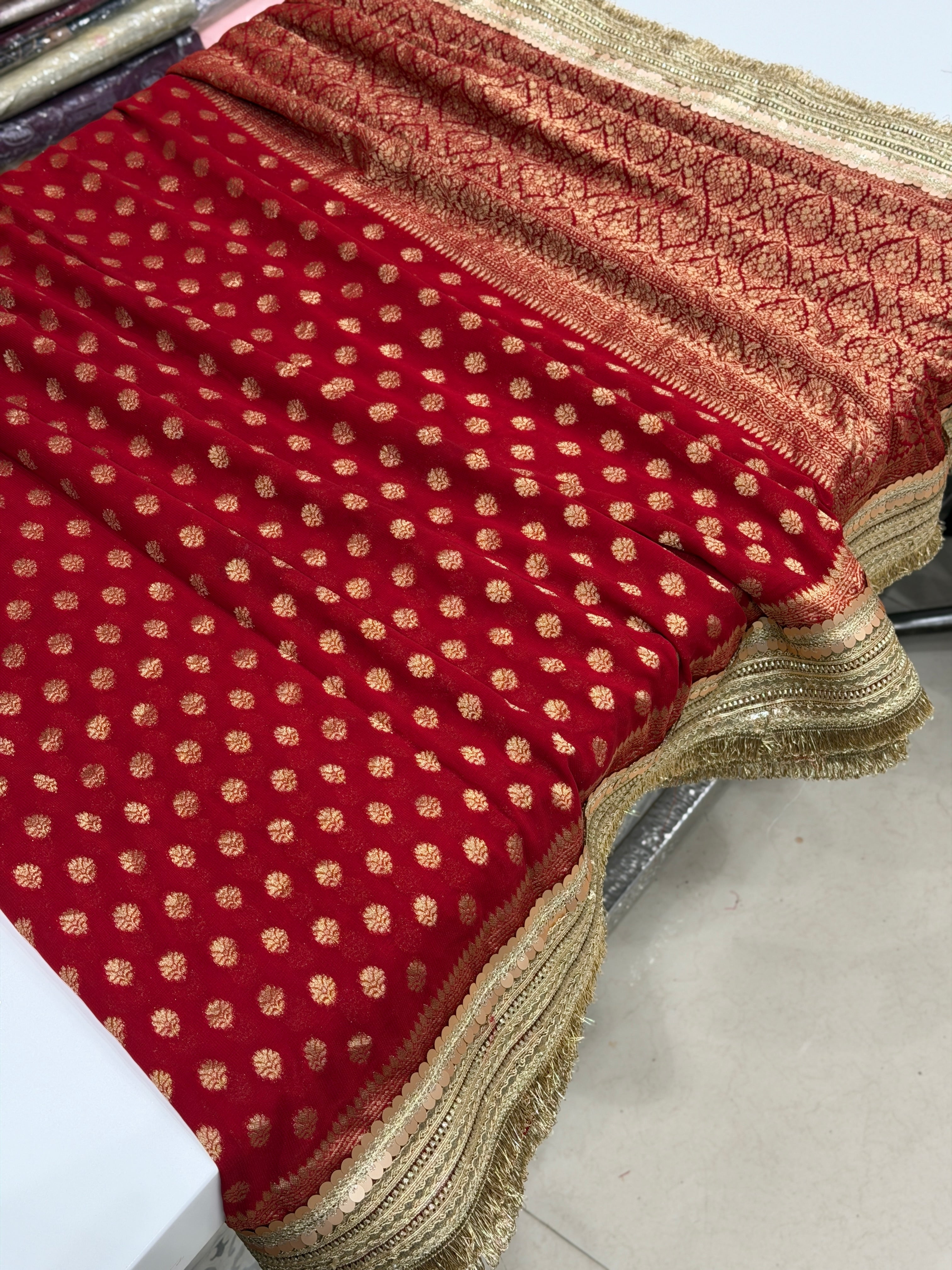 Red Banarasi Khaddi Georgette Buttis Maharani Lace Saree