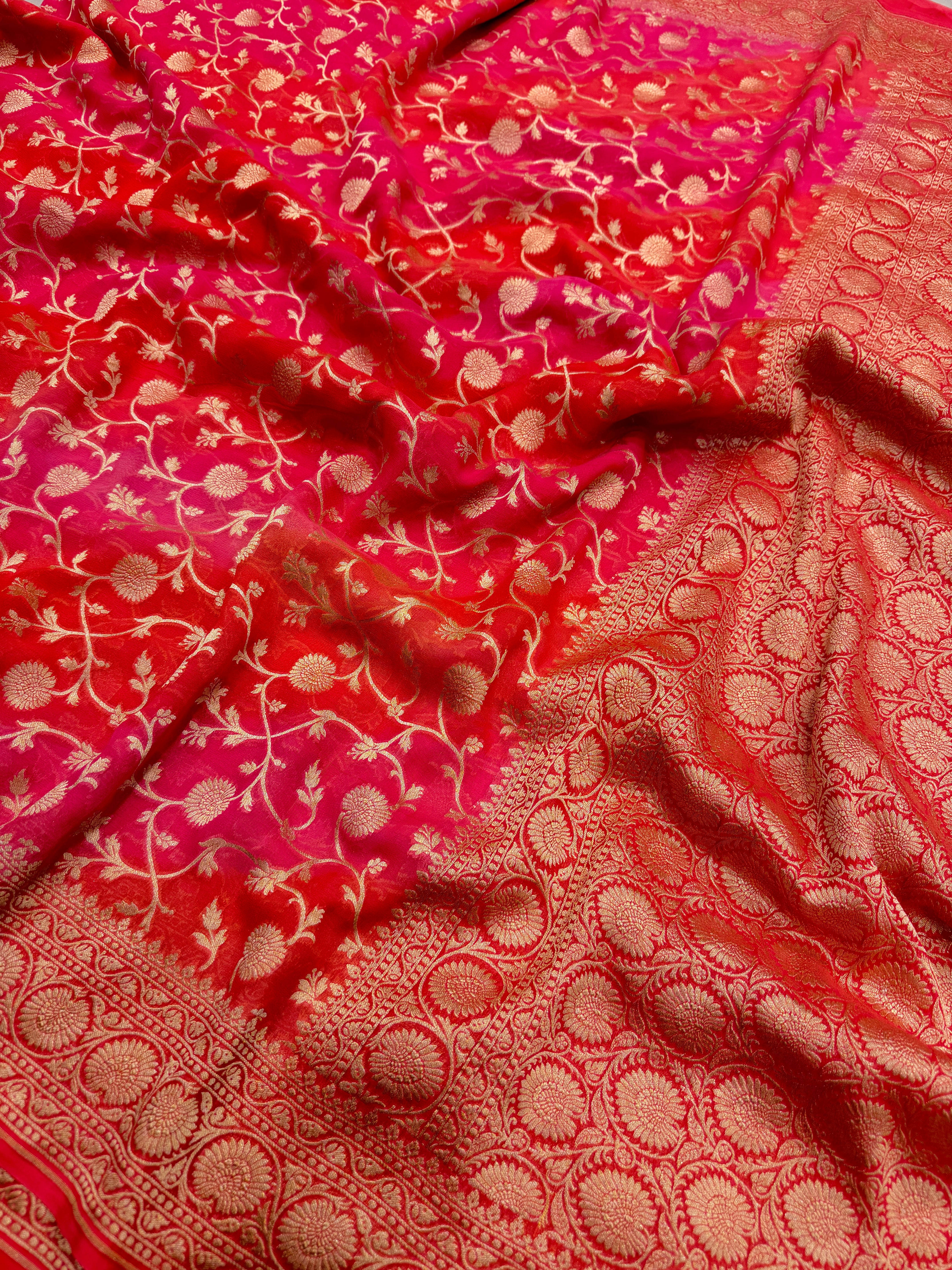 Orange Shaded Mughal Jaal Handloom Banarasi Khaddi Georgette Saree