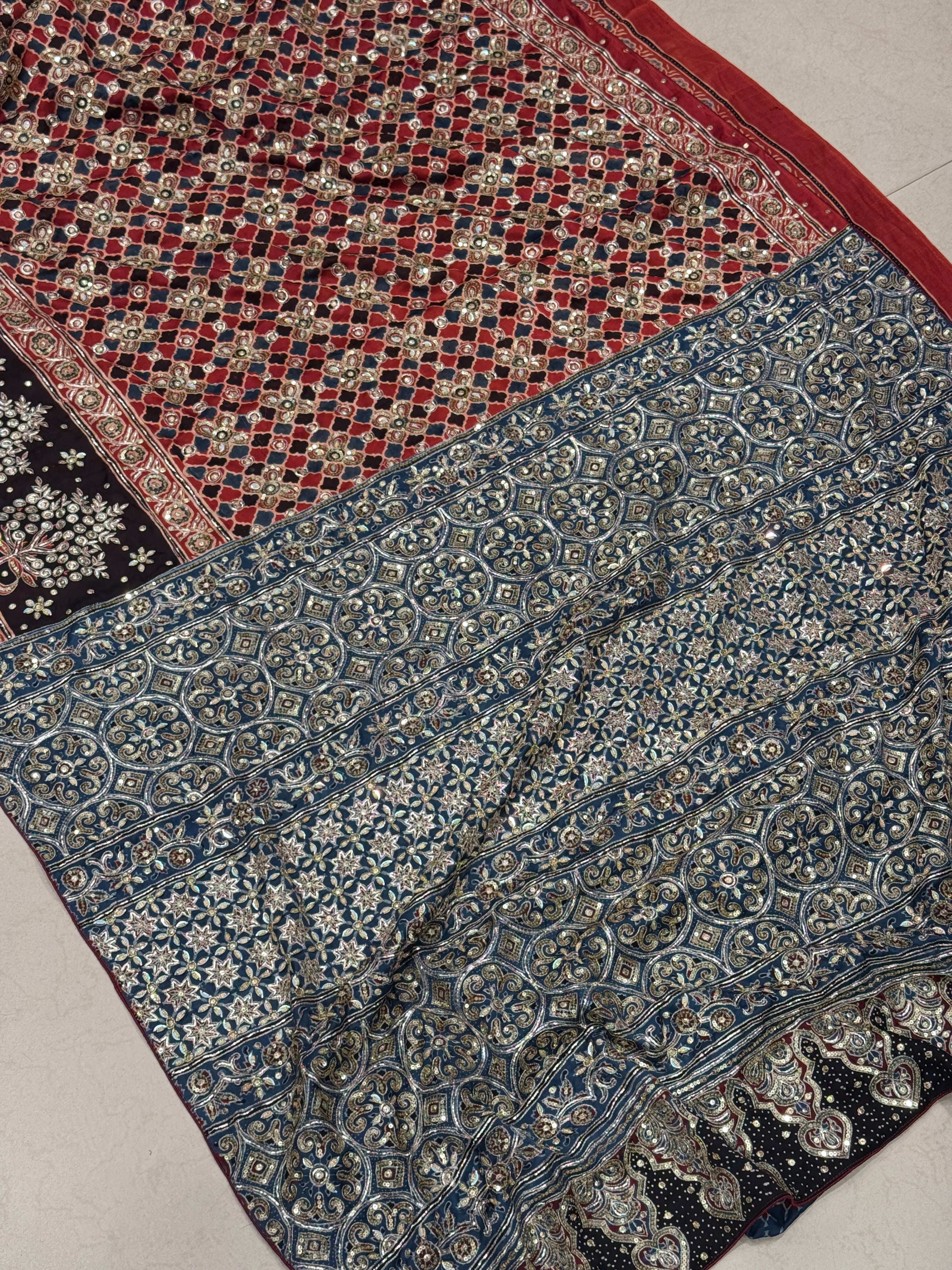 Red Blue Jali Buttas Pita Sequin Ajrakh Hand Embroidery Saree