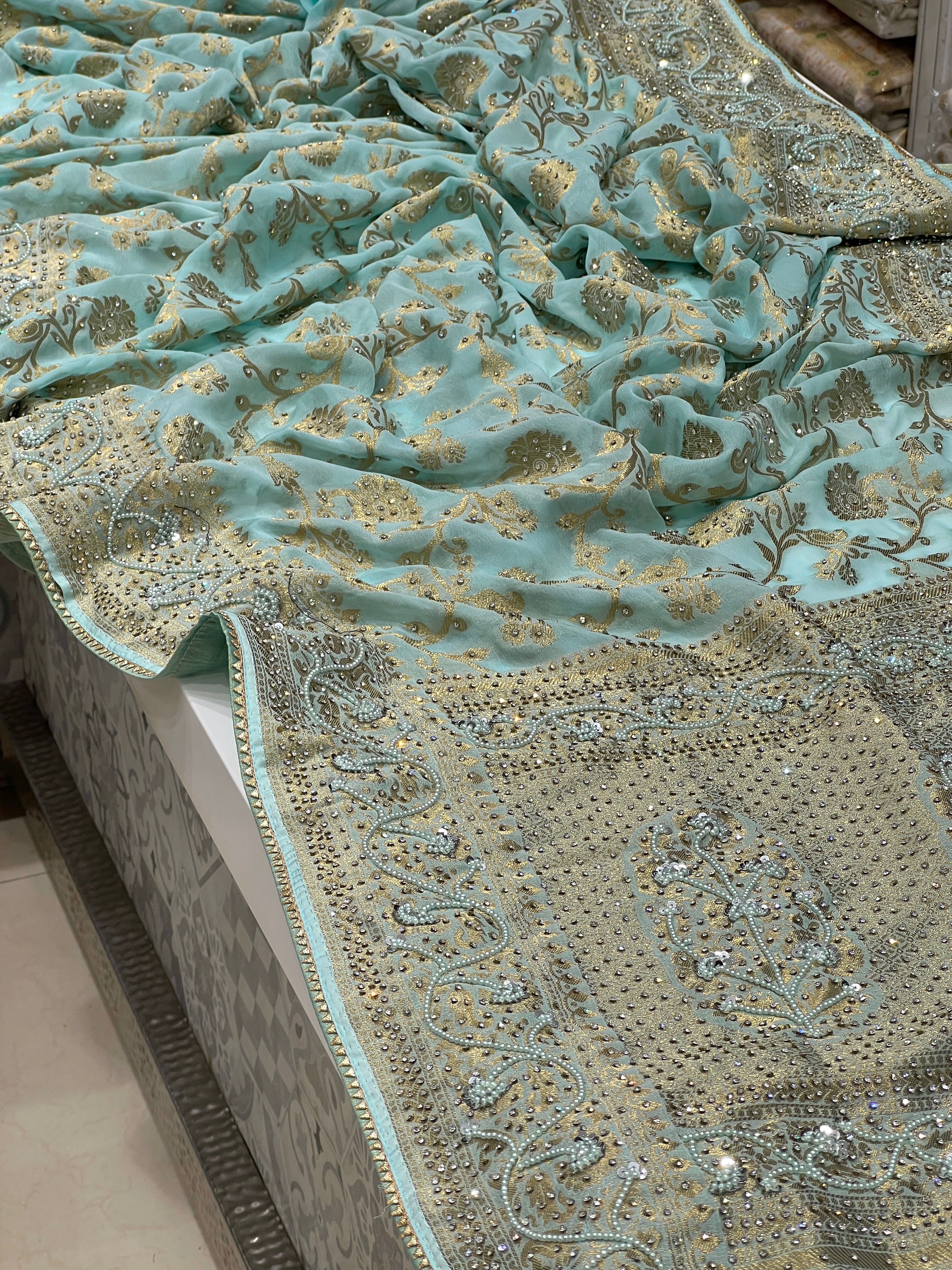 Sea Green Georgette Hand Embroidery Saree