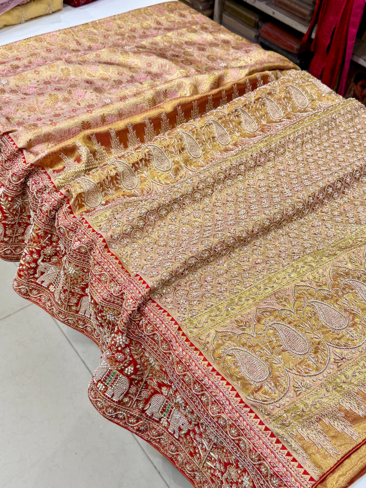 Light Pink Elephant Motif Meenakari Tissue Kanjivaram Zardosi Hand Embroidery Saree