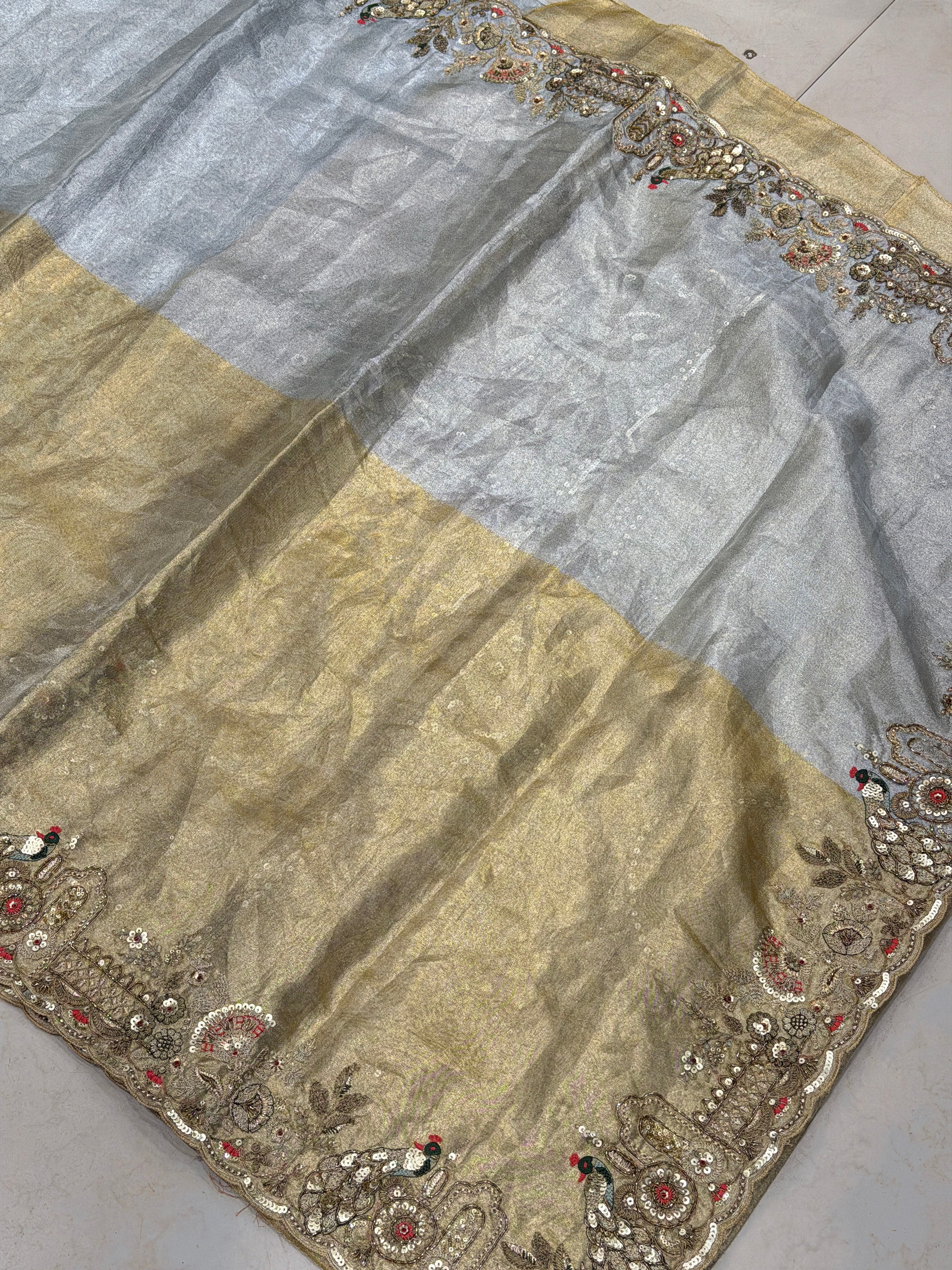 Tissue Silver Golden Embroidery Saree