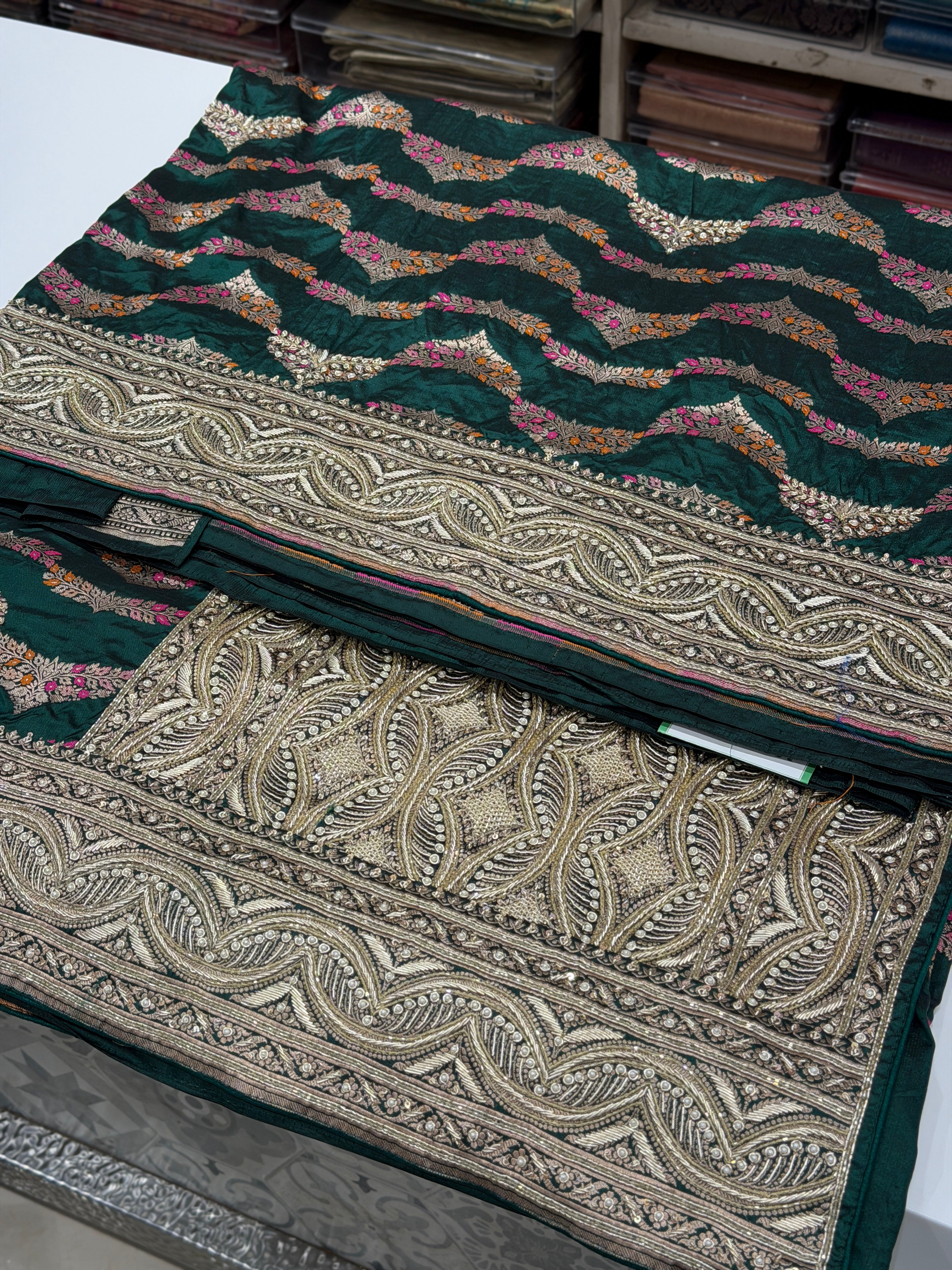 Bottle Green Meenakari Handloom Banarasi Katan Silk Zardosi Hand Embroidery Saree