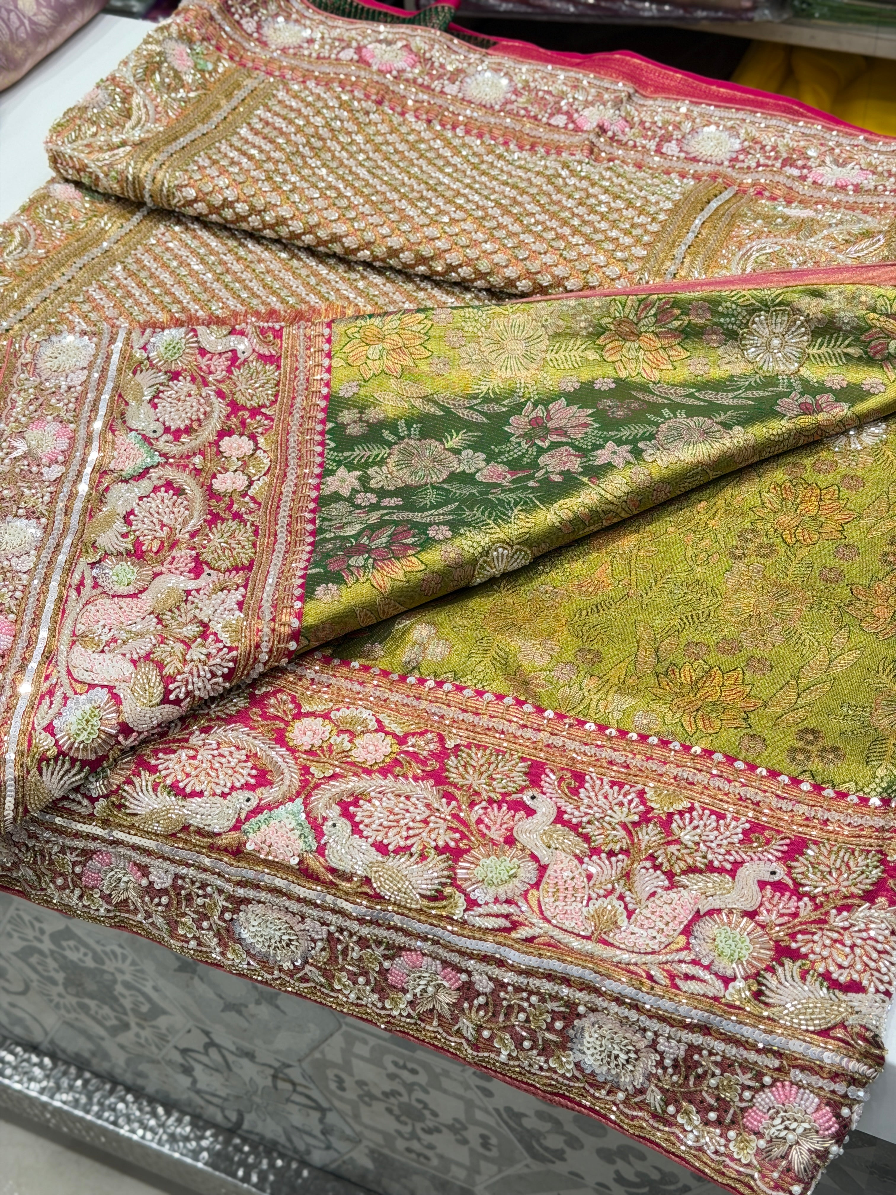 Green Contrast Meenakari Tissue Kanjivaram Zardosi Hand Embroidery Saree