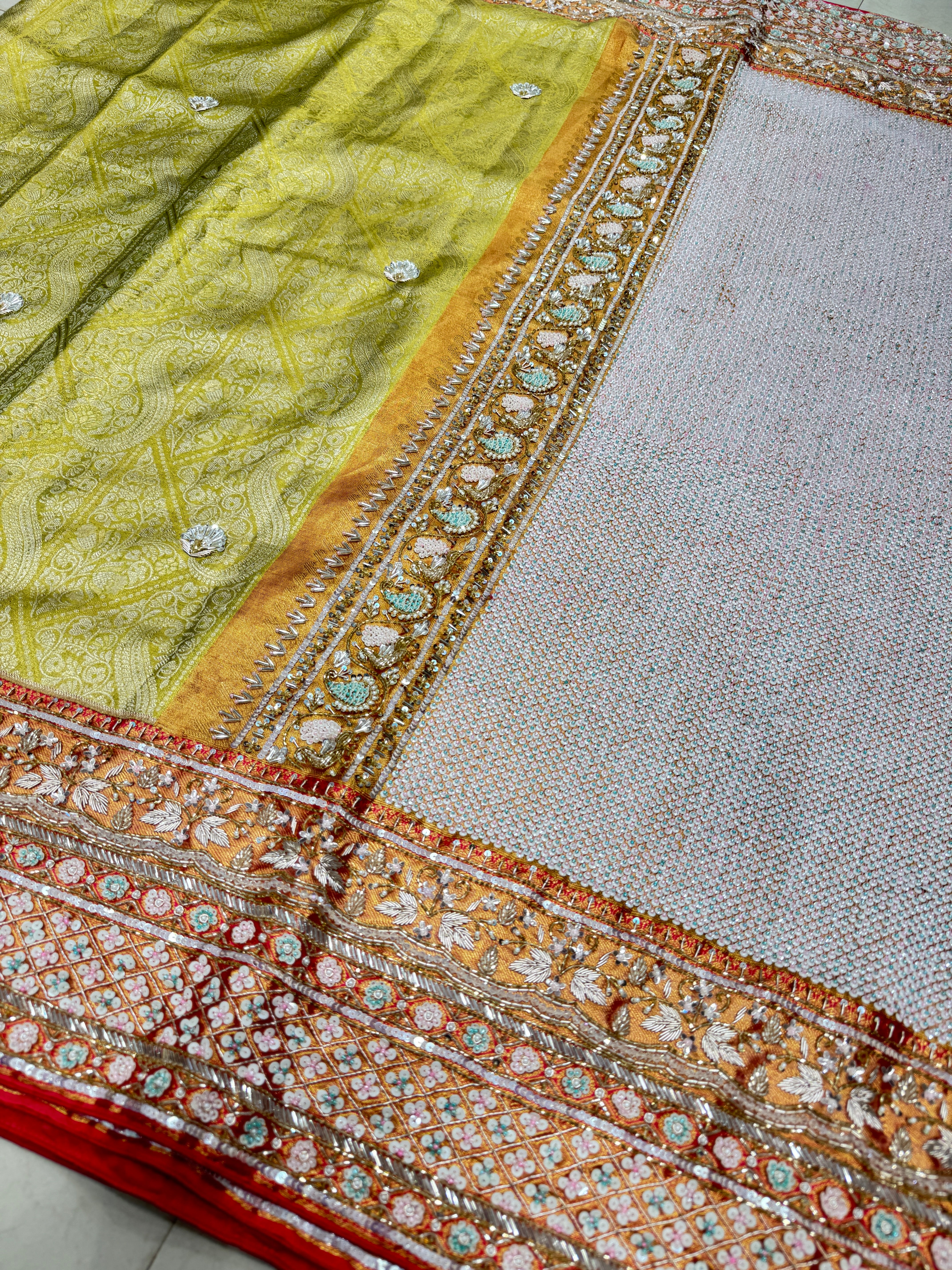 Pista Green Rani Tissue Kanjivaram Hand Embroidery Saree