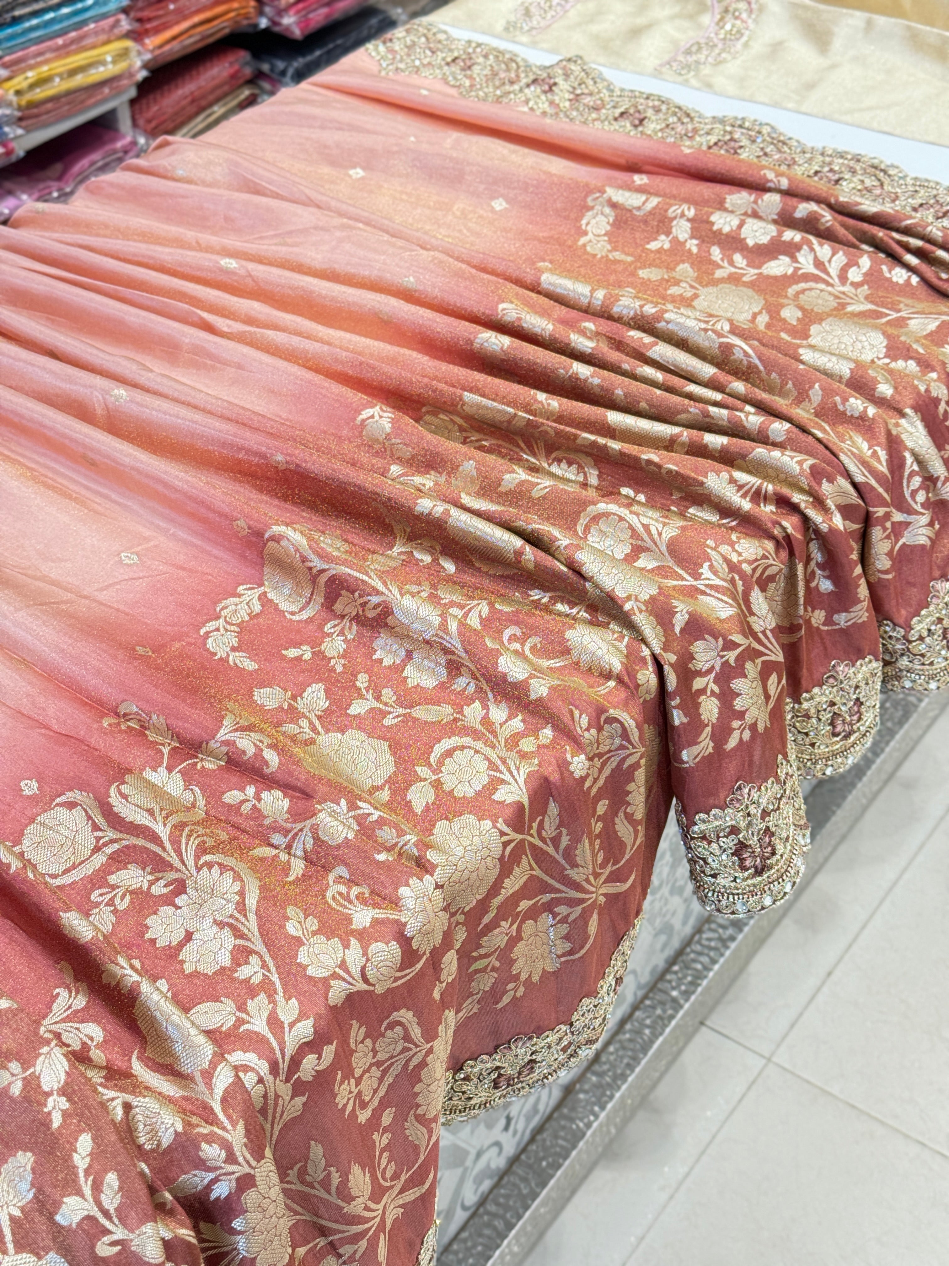 Shaded Brown Tissue Crepe Embroidery Saree